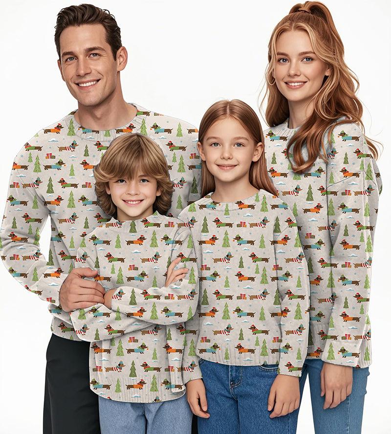 Family wearing matching Christmas Dachshund crewneck pullovers with festive pattern