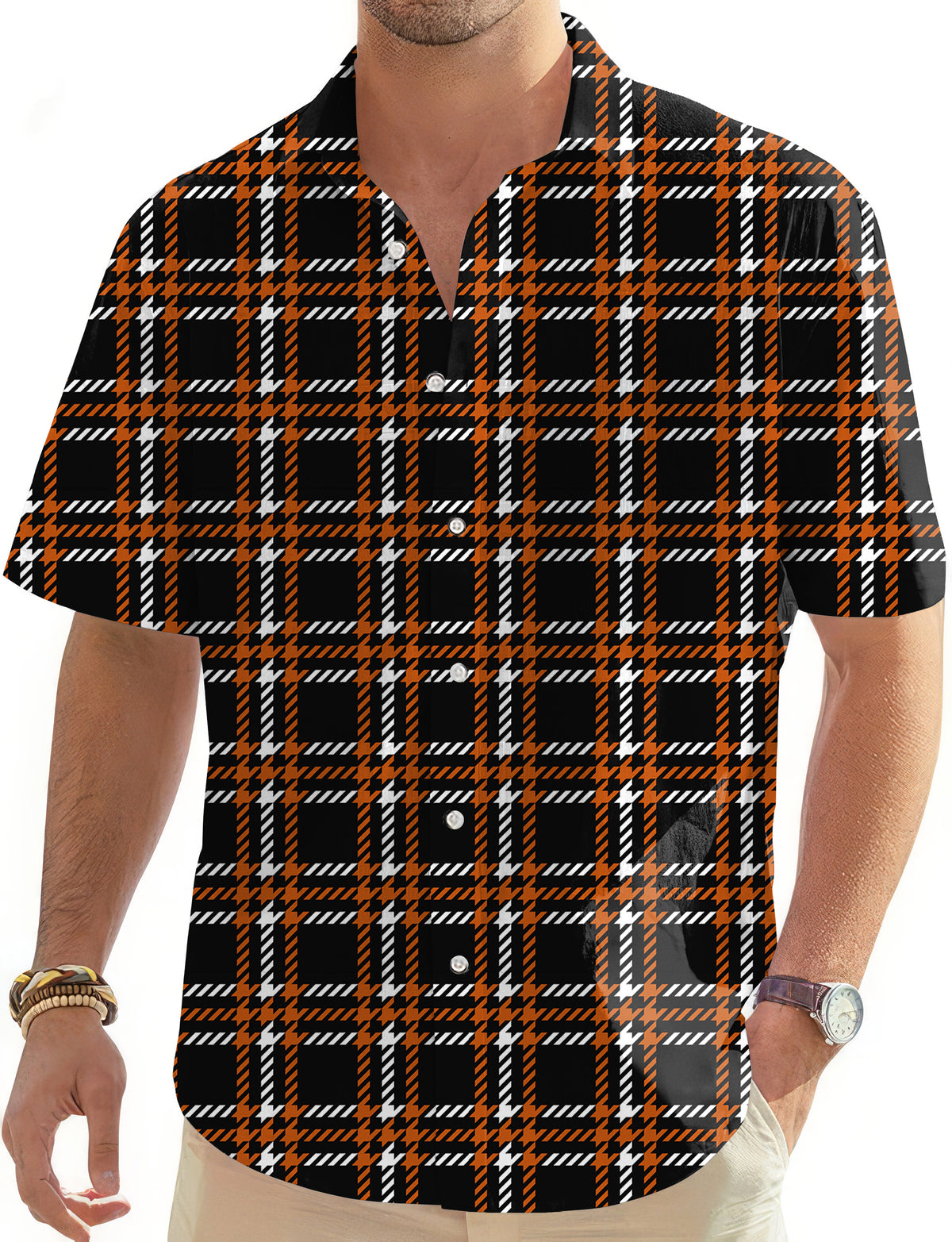 Halloween black yellow white grid Men's Golf Hawaiian Shirts Button Down Shirt