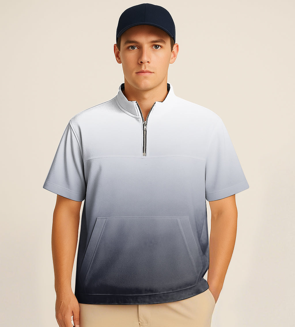 Men's Short Sleeve Quarter Zip Golf Pullover Black And White Gradient Embroidery