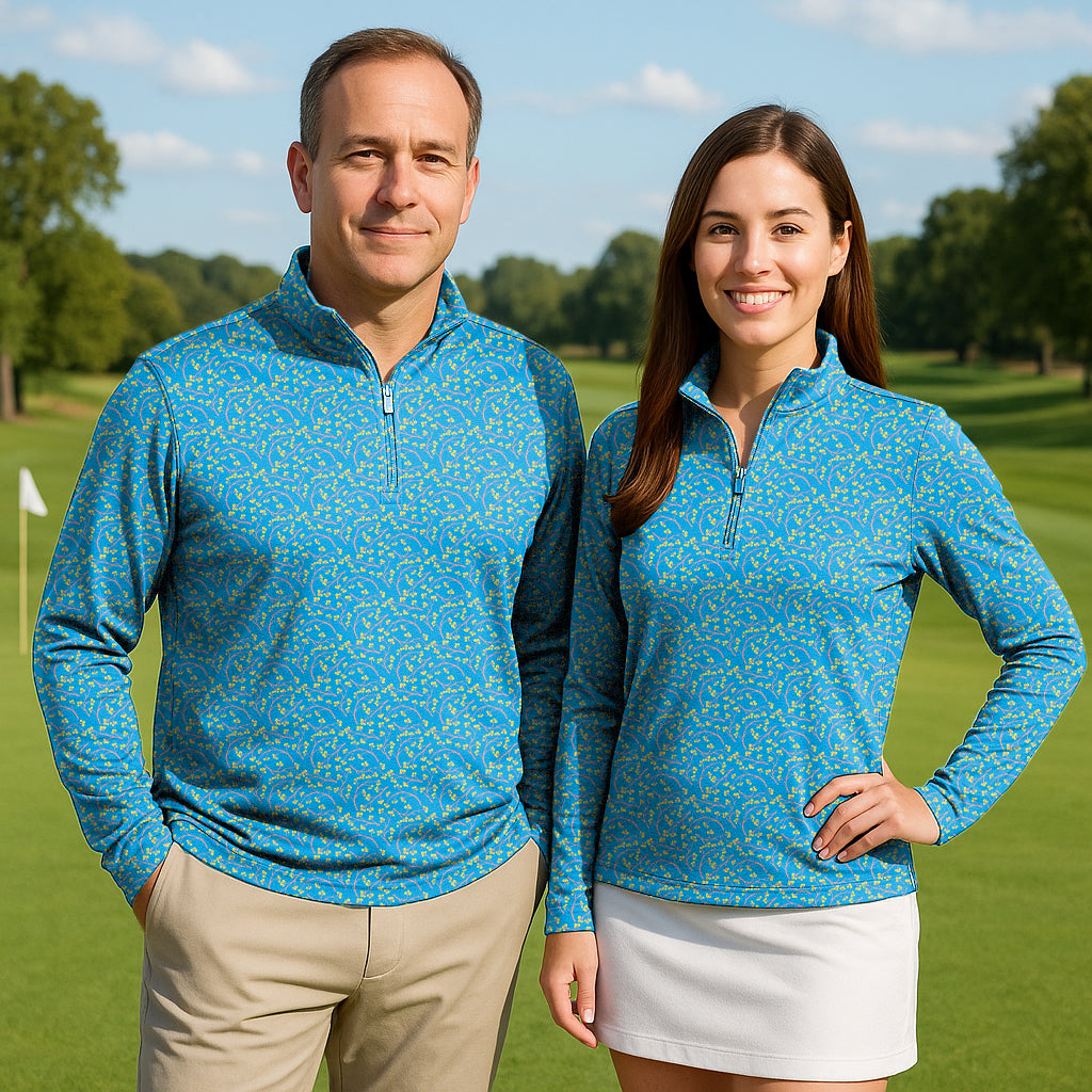 Blue Flowers Couple Golf Active 3/4 Zip Top
