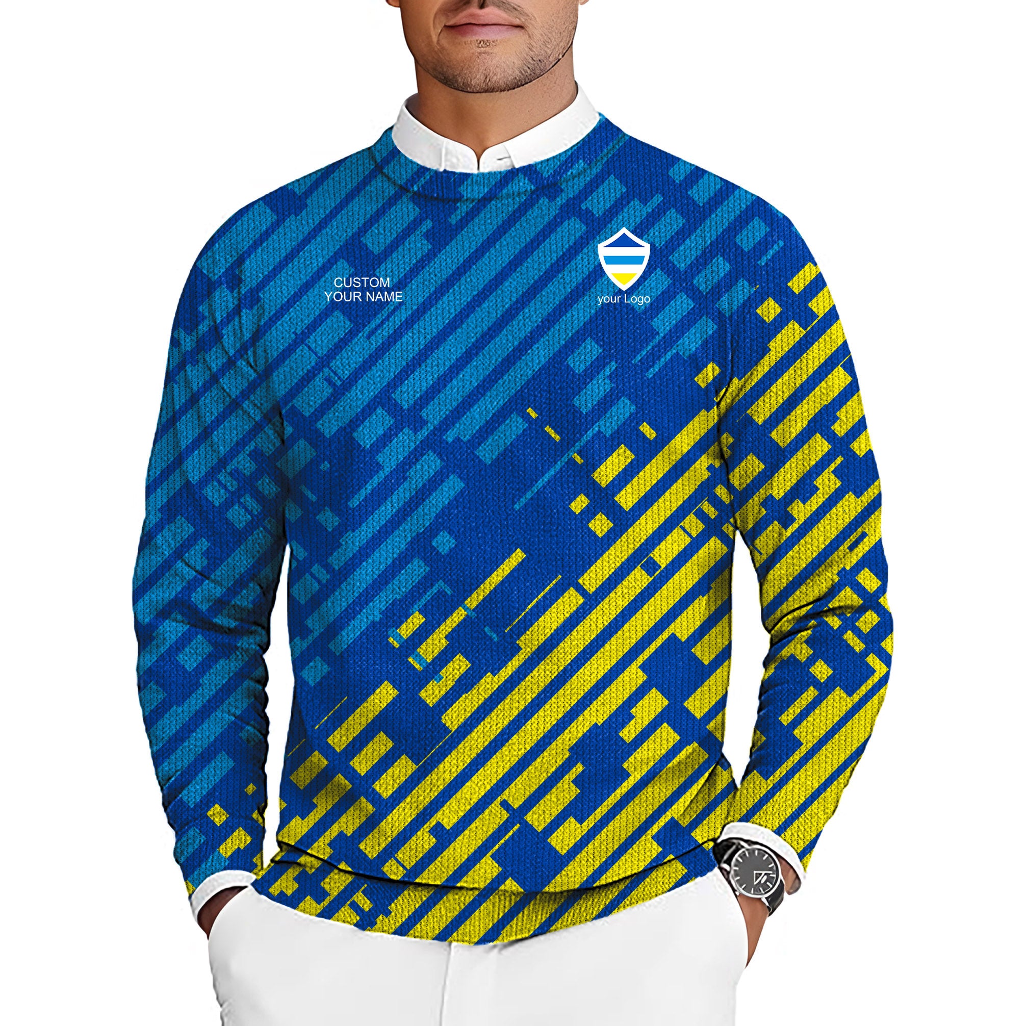 blue yellow sport Team Men's Golf Crewneck Pullover Sweaters Ugly Sweater