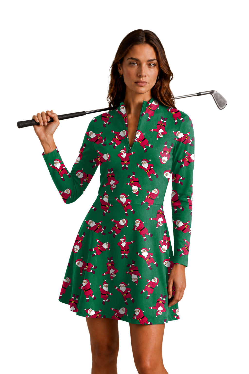 Christmas Santa Women's Golf Long Sleeve Zipper Dresses Comes with separate matching shorts