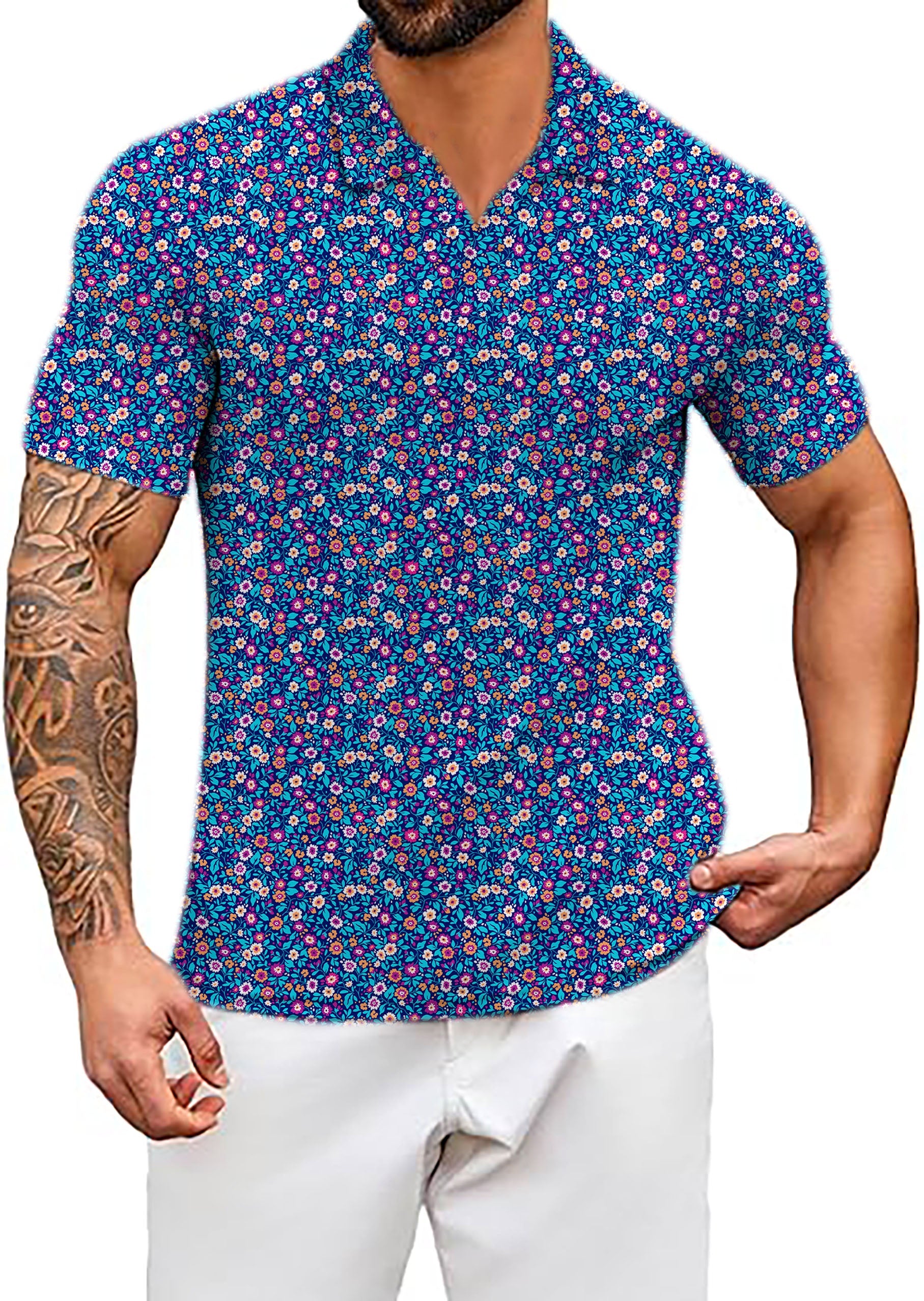 Men's Coconut Palm navy blue floral short sleeve shirt with ink dot pattern, wrinkle-resistant and UPF 40+ fabric