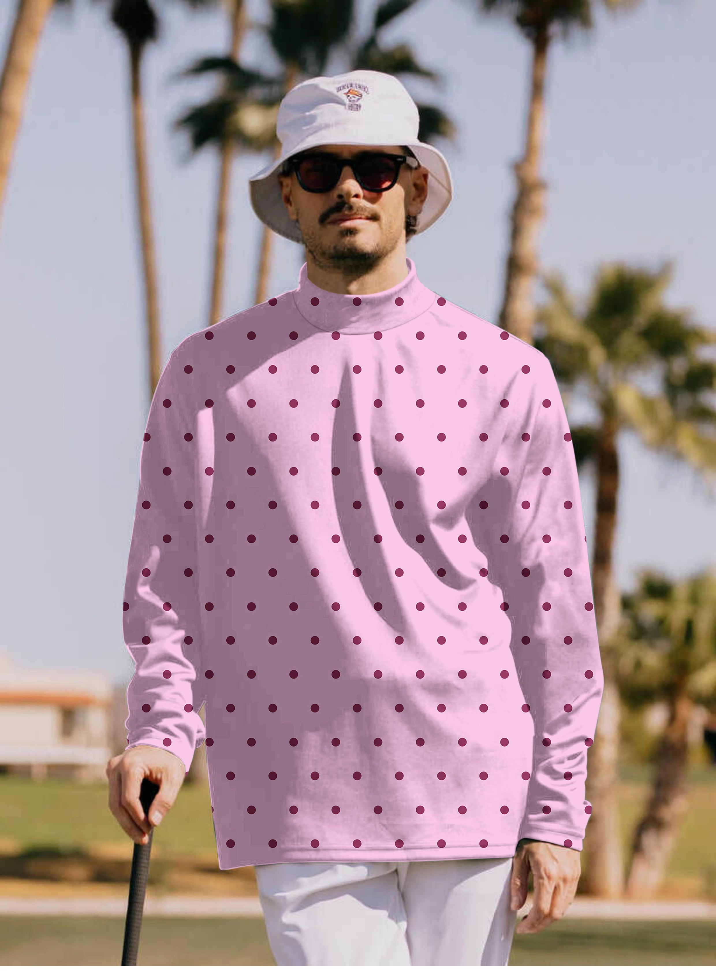 Men's Pink Polka Dots Mock Neck Long/Short Sleeve Golf Tops