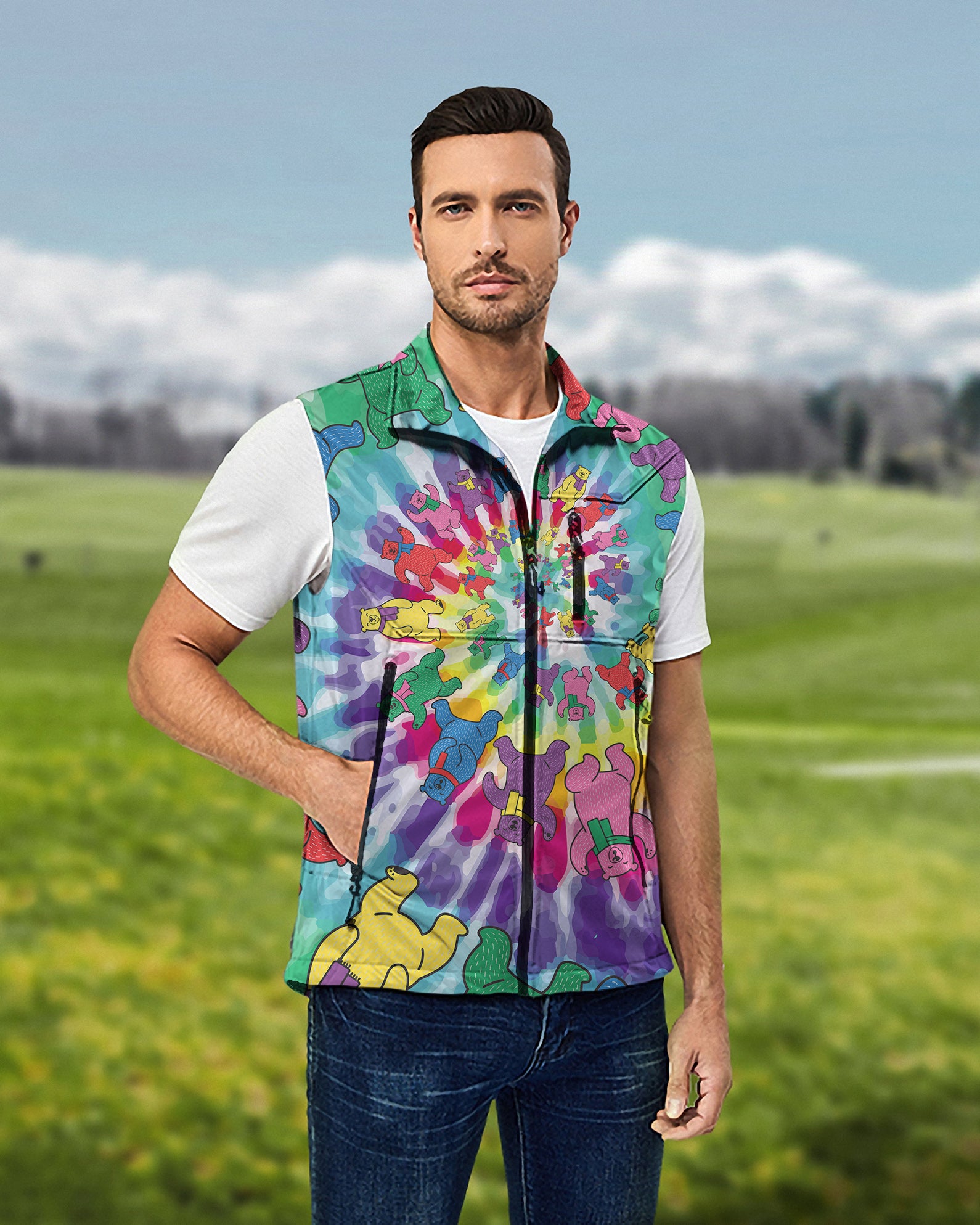 Men's Kaleidoscope Bear Lightweight Softshell Vest Sleeveless Jacket for Golf Windproof Waterproof