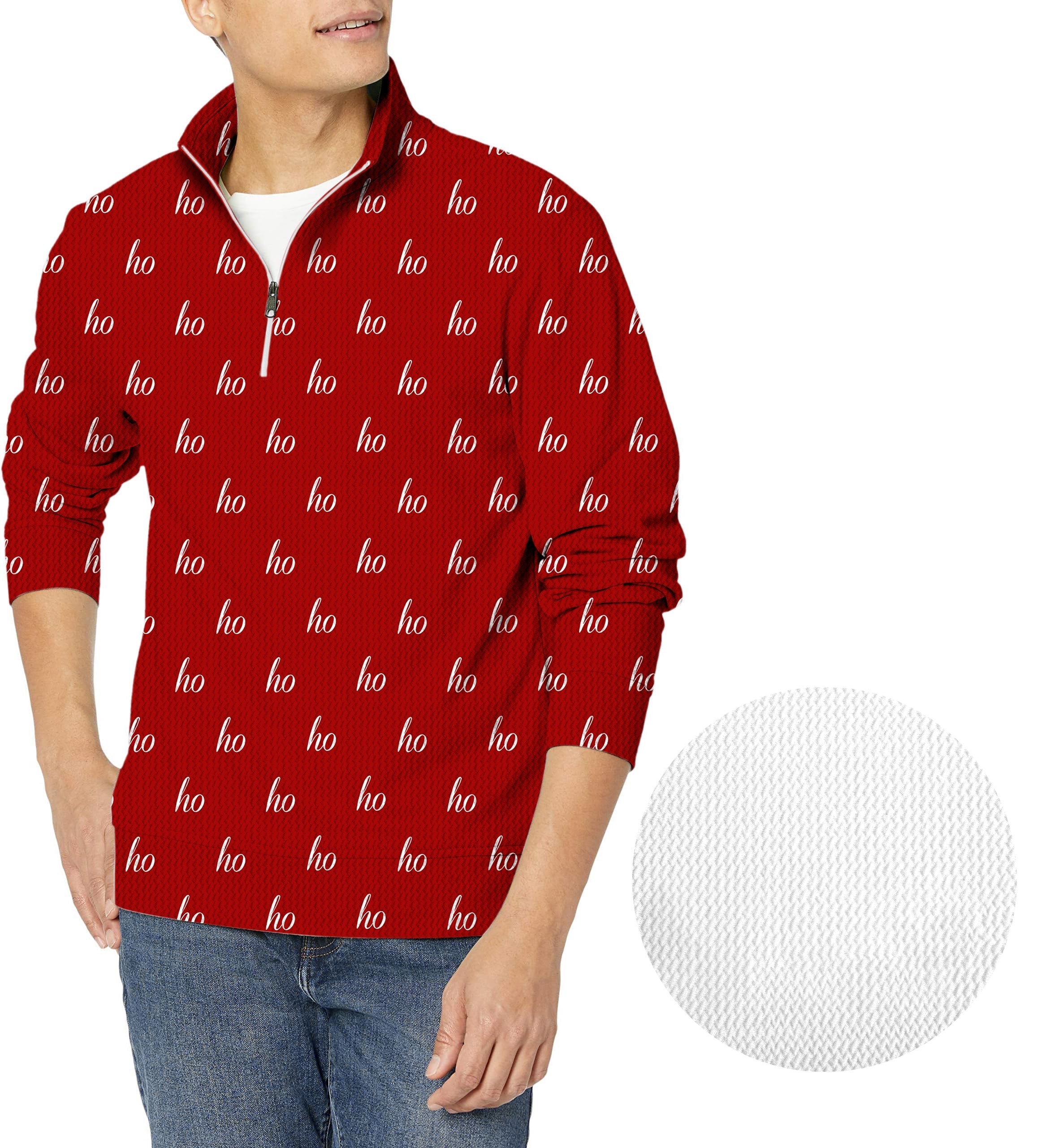 Red custom name men's Christmas golf waffle zipper pullover with ho ho pattern