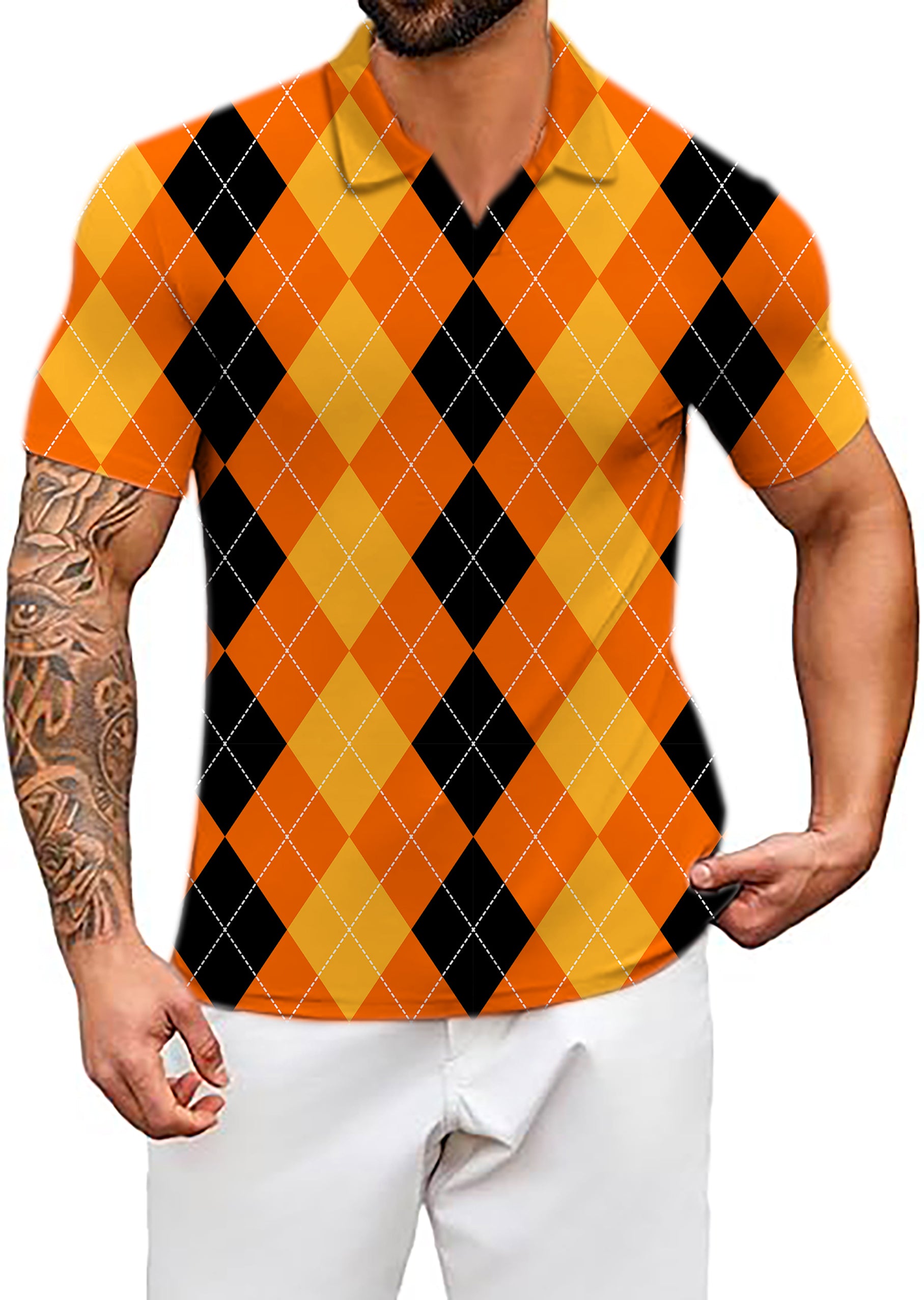 Men's Coconut Palm Halloween Black Yellow Orange Argyle V Neck Golf Polo Shirts