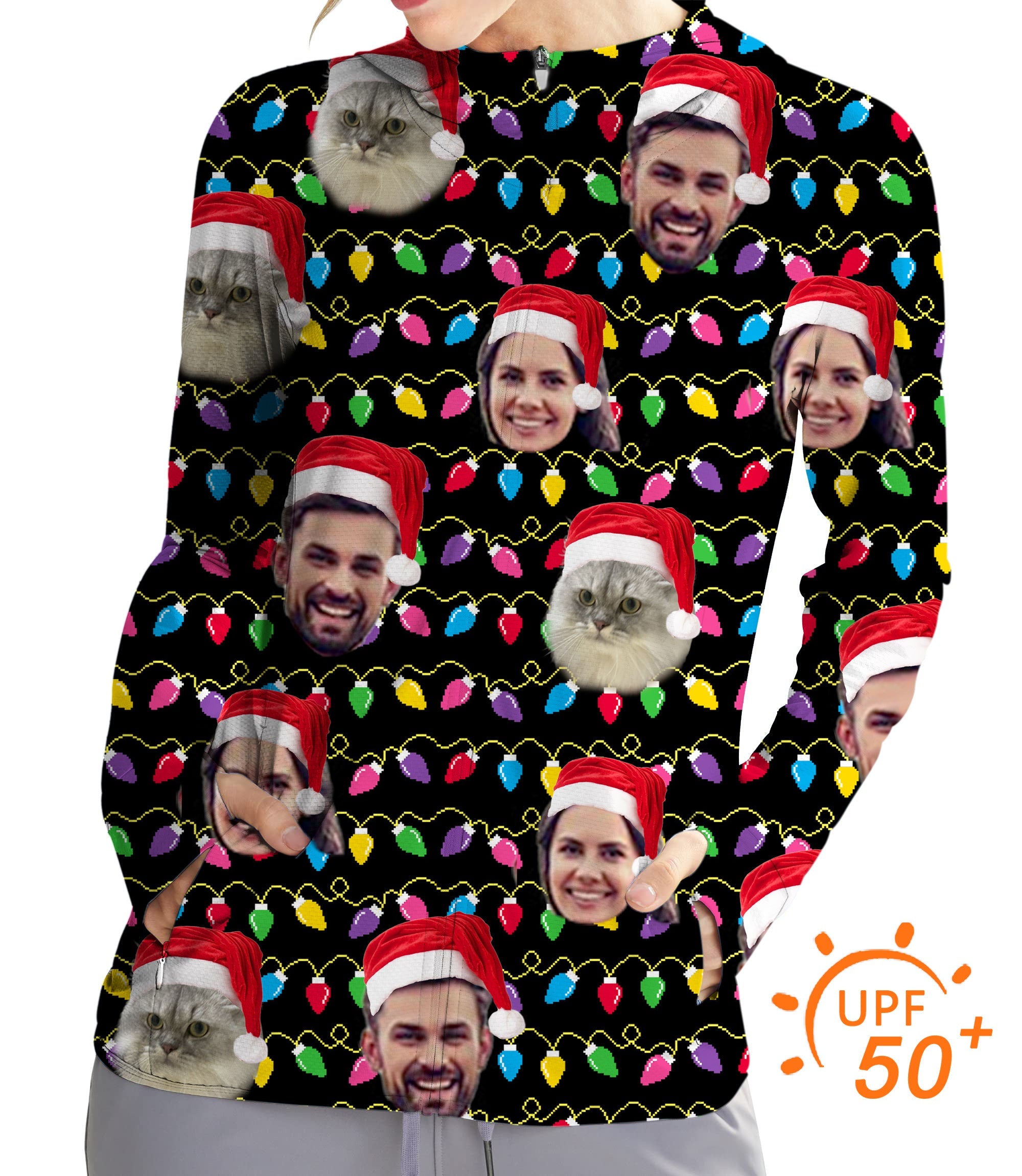 Women's outdoor slim fit zip hoodie with custom Christmas faces and sun protection upf 50+