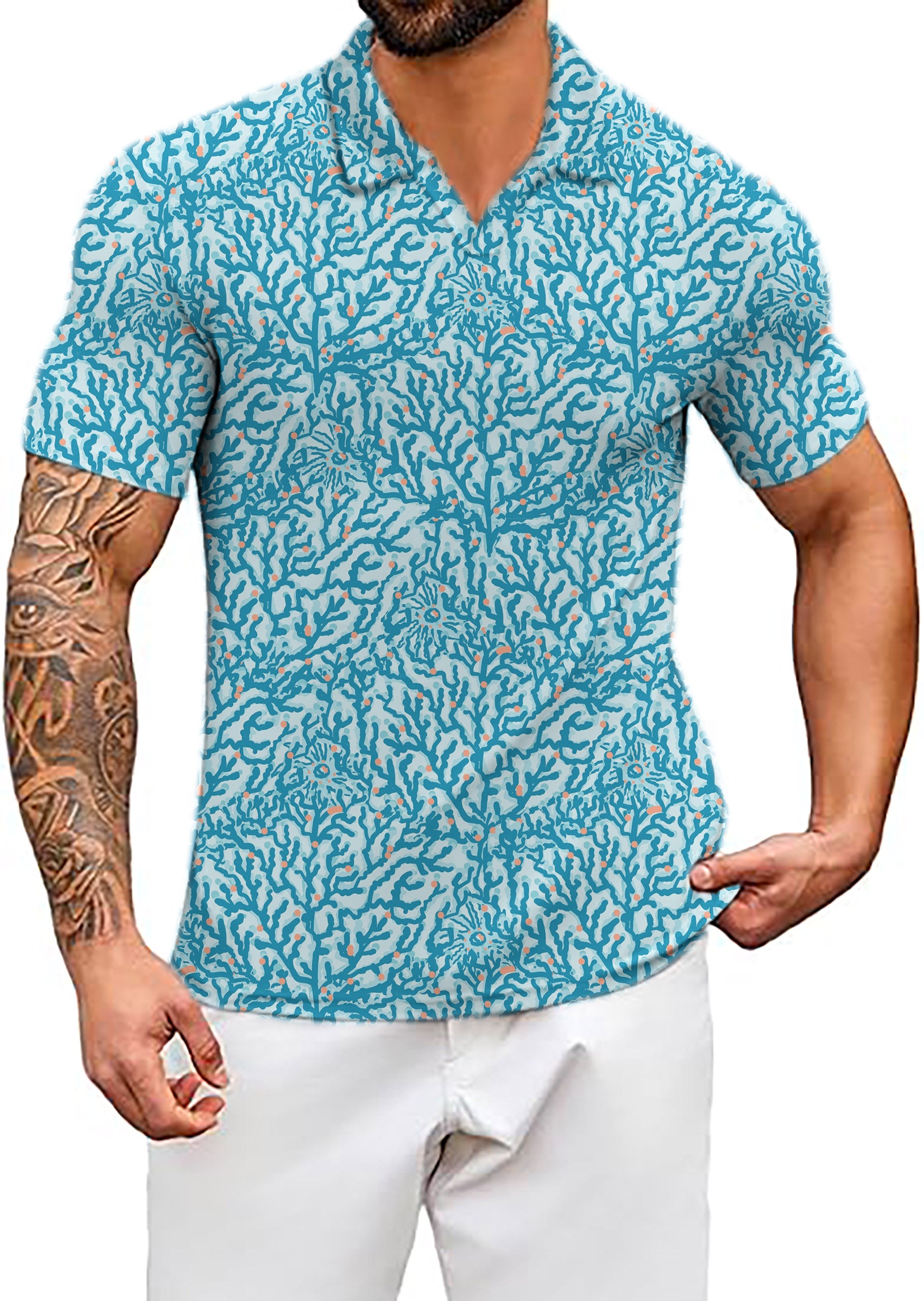 Men's Electric Corals V Neck Golf Polo Shirts