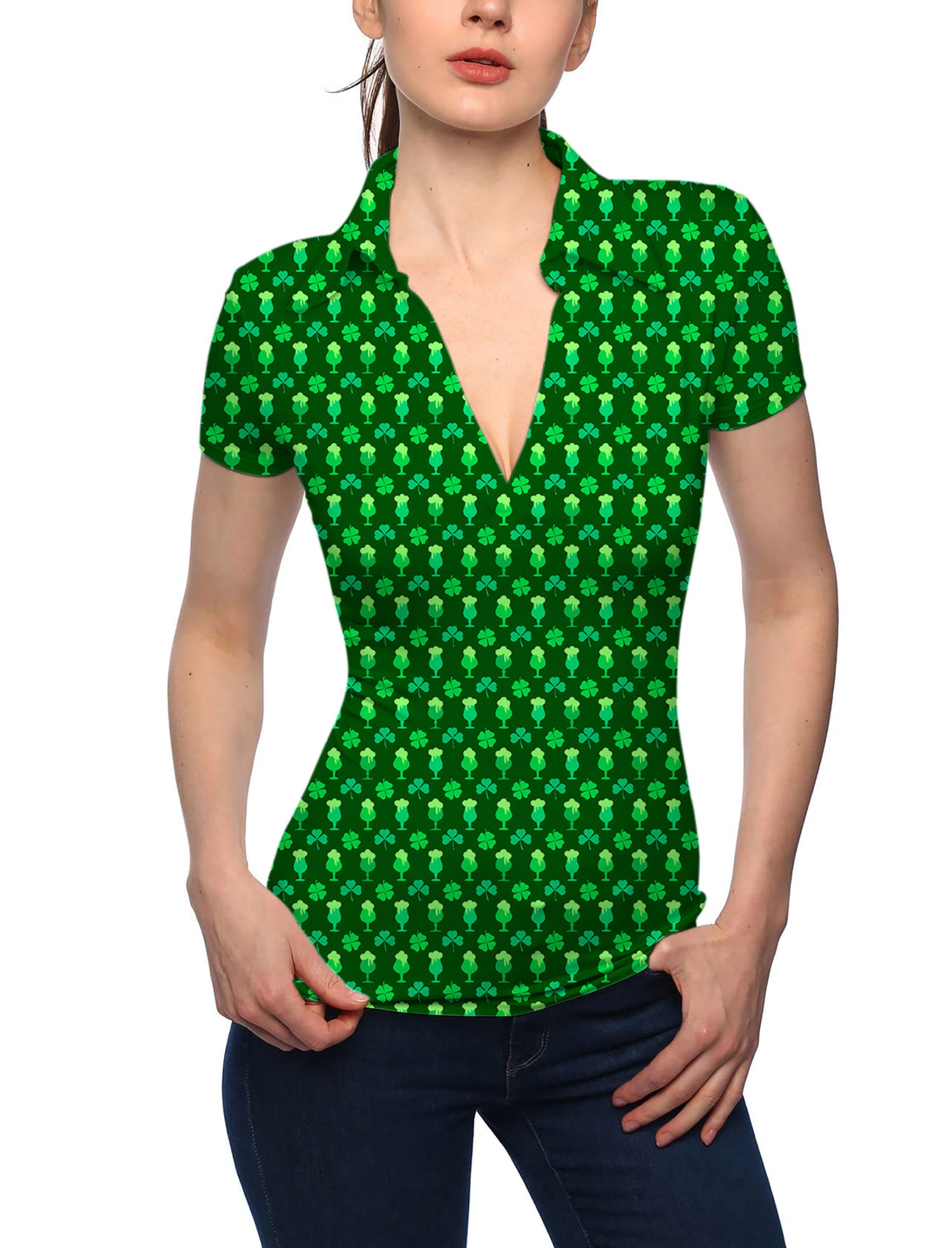 Women's Green beer clover leaf St. Patrick's Day V Neck Golf Polo