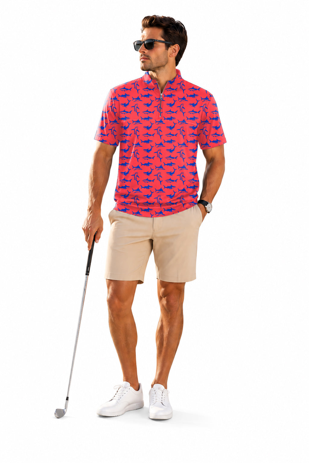 Men's Short Sleeve Quarter Zip Golf Pullover   Under Water Frenzy Embroidery