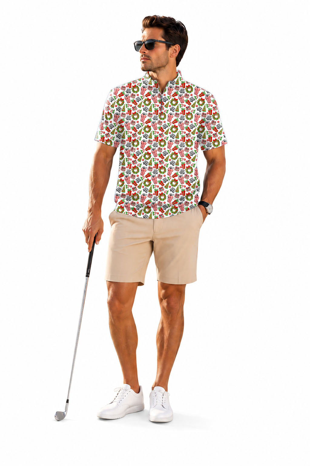 Men's Short Sleeve Quarter Zip Golf Pullover   Merry christmas gift Embroidery