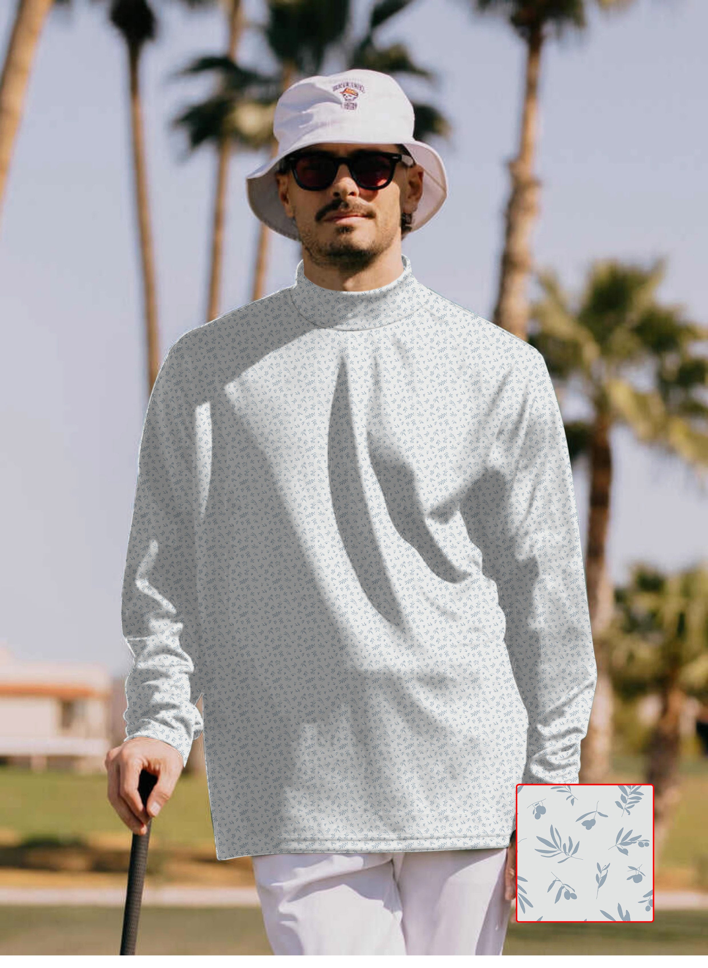 Men's Leaves And Fruits Pullover high neck long sleeve golf shirt with subtle leaf and fruit pattern