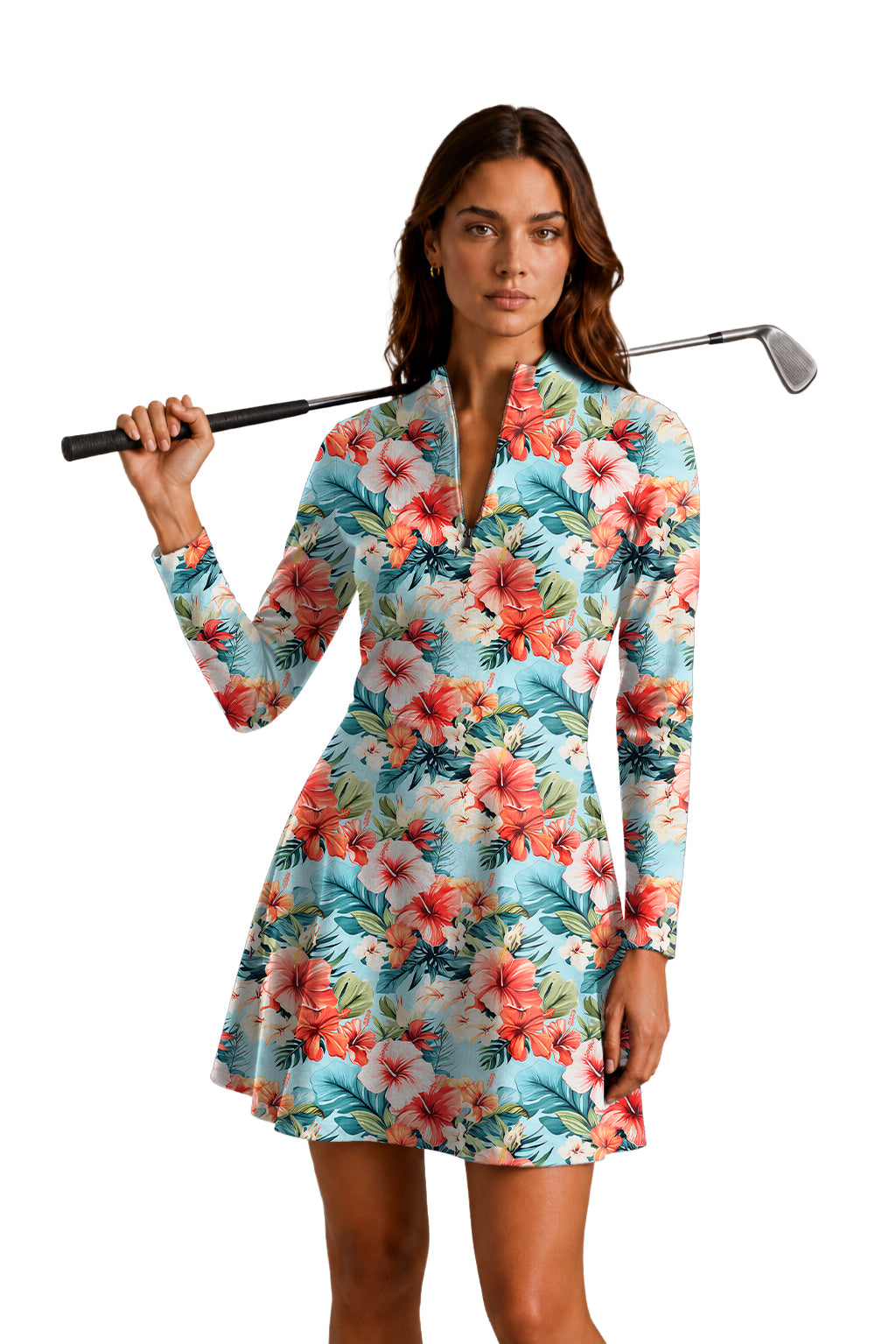Hawaiian Flowers Women's Golf Long Sleeve Zipper Dresses Comes with separate matching shorts