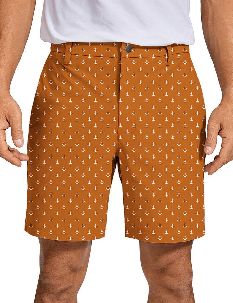 Men's orange anchor golf shorts with quick-dry fabric and two-way stretch for comfort and style