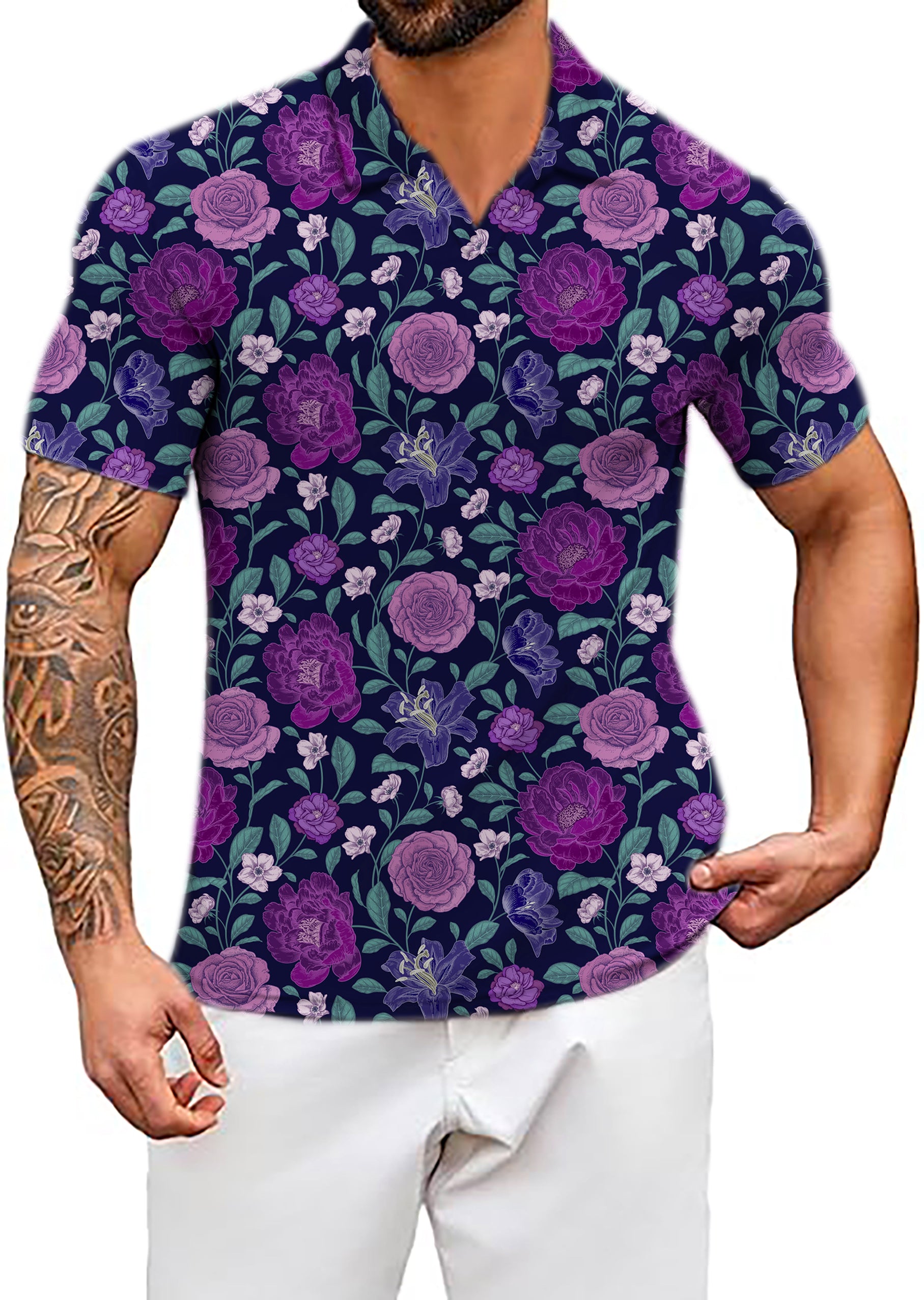 Men's Purple Floral V Neck Golf Polo Shirts