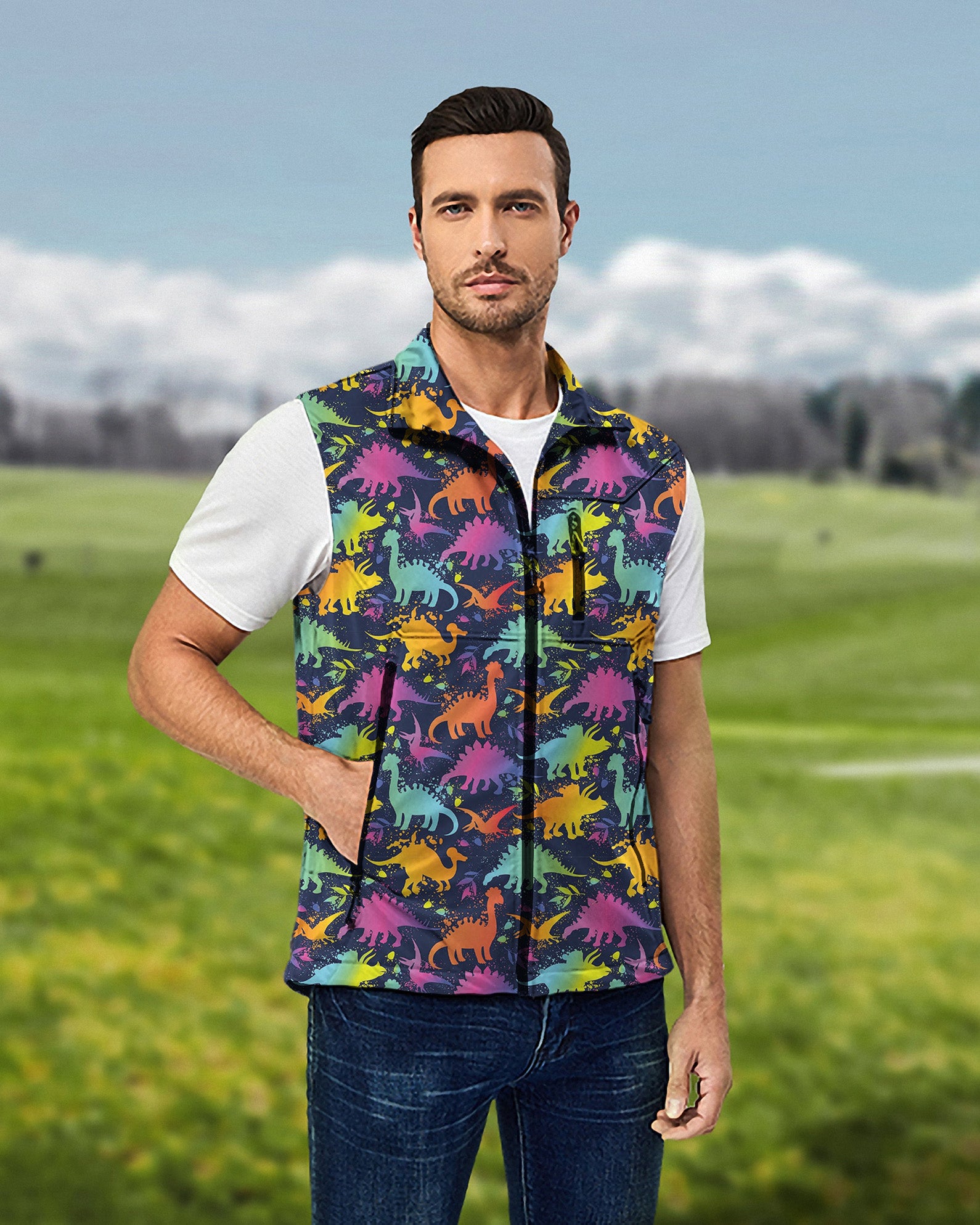 Men's Dinosaur Party Lightweight Softshell Vest Sleeveless Jacket for Golf Windproof Waterproof