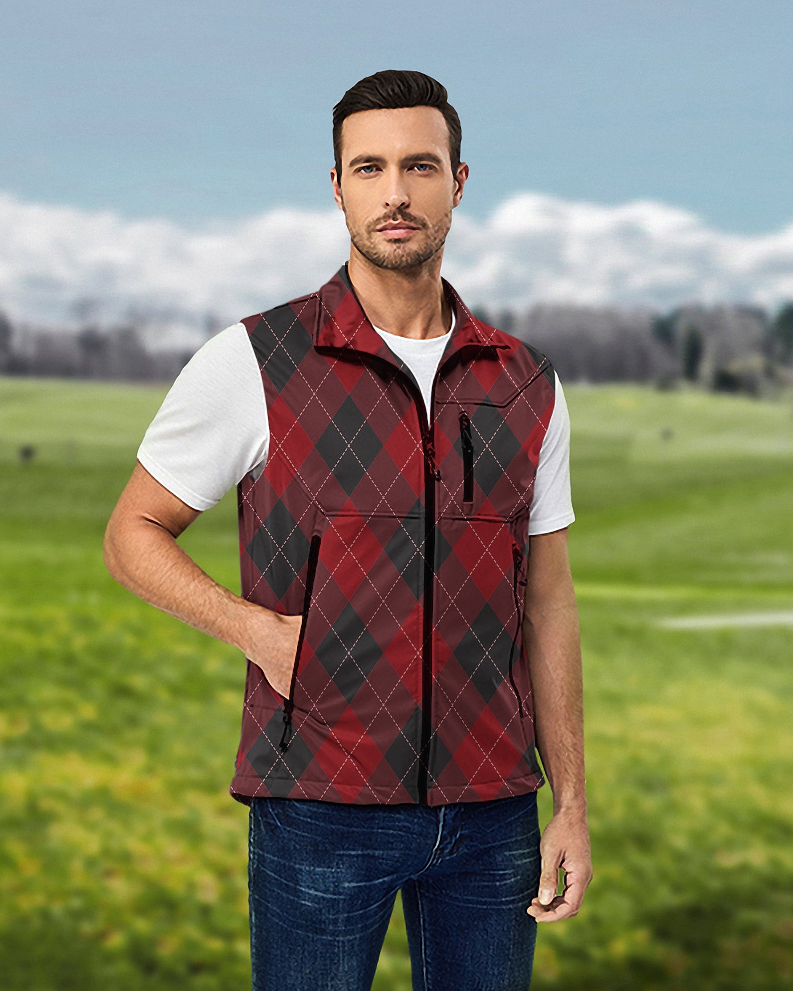 Men's red Argyle Lightweight Softshell Vest Sleeveless Jacket for Golf Windproof Waterproof