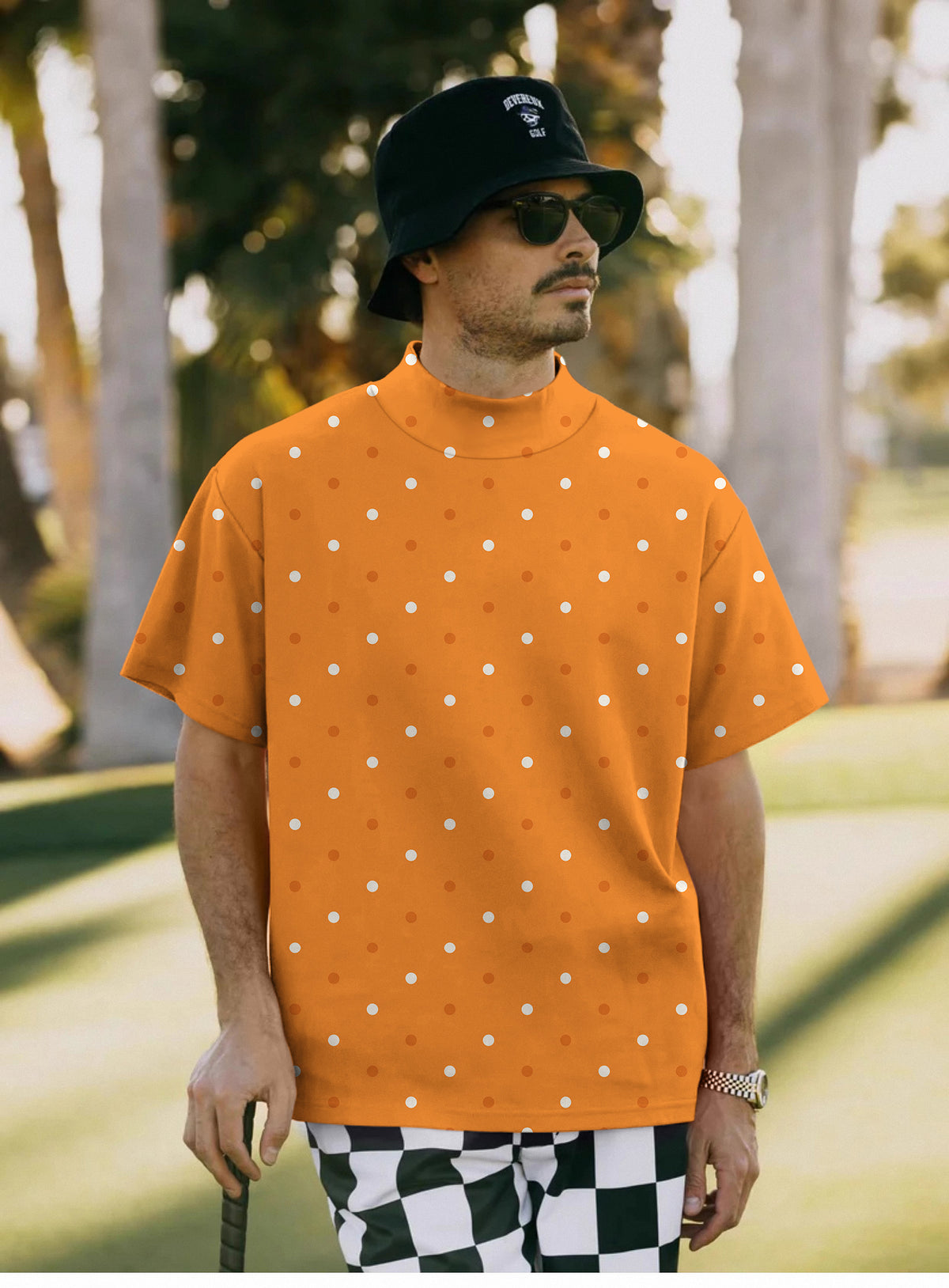 Men's Halloween yellow and white polka dots Mock Neck Long/Short Sleeve Golf Tops