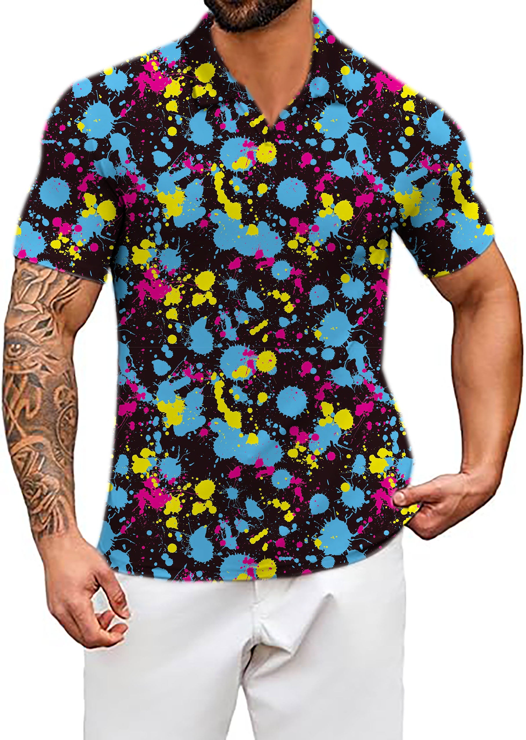 Men's V2 Paint Splatter V Neck Golf Polo Shirts