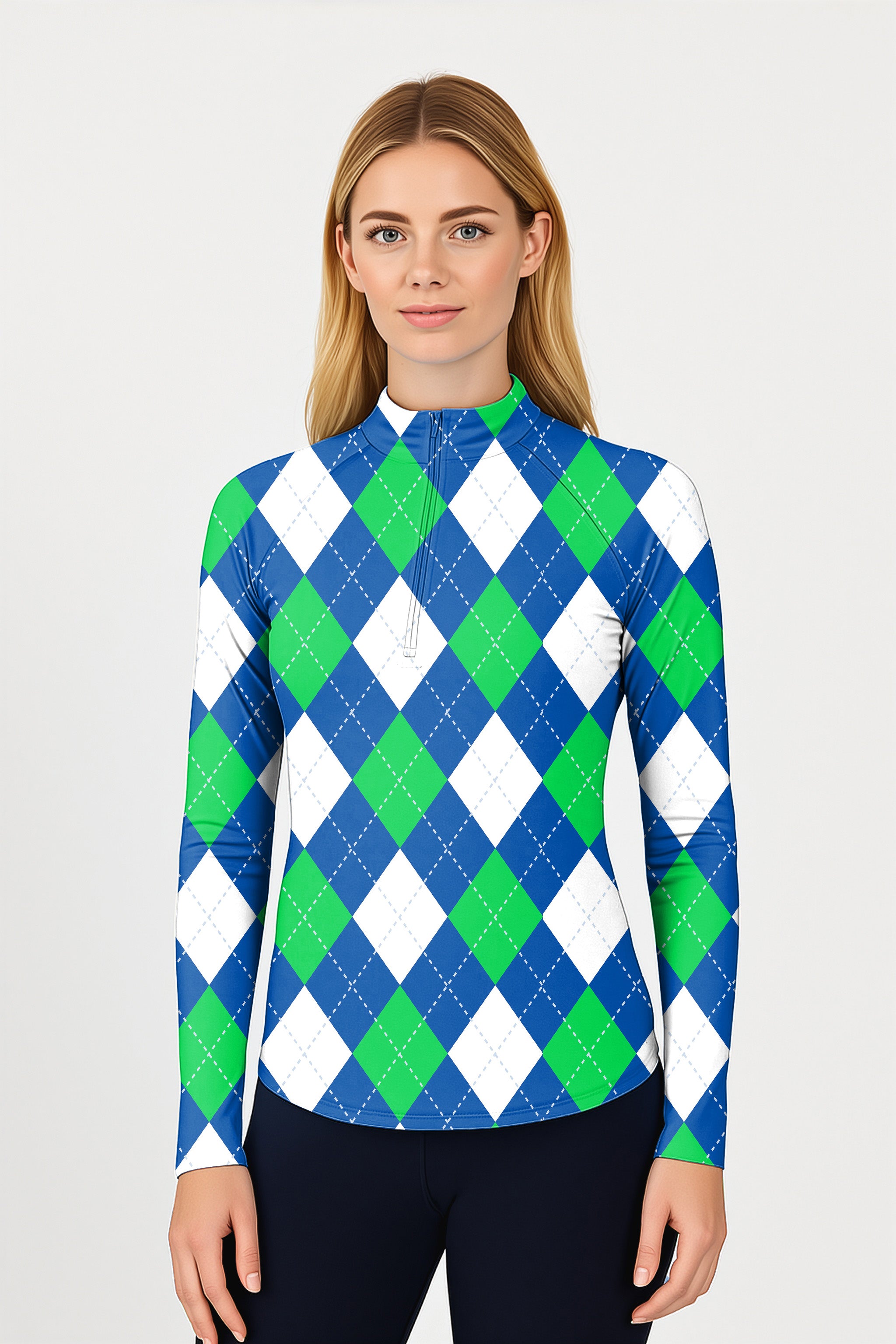 Argyle green blue   Women's Golf Active 3/4 Zip Top