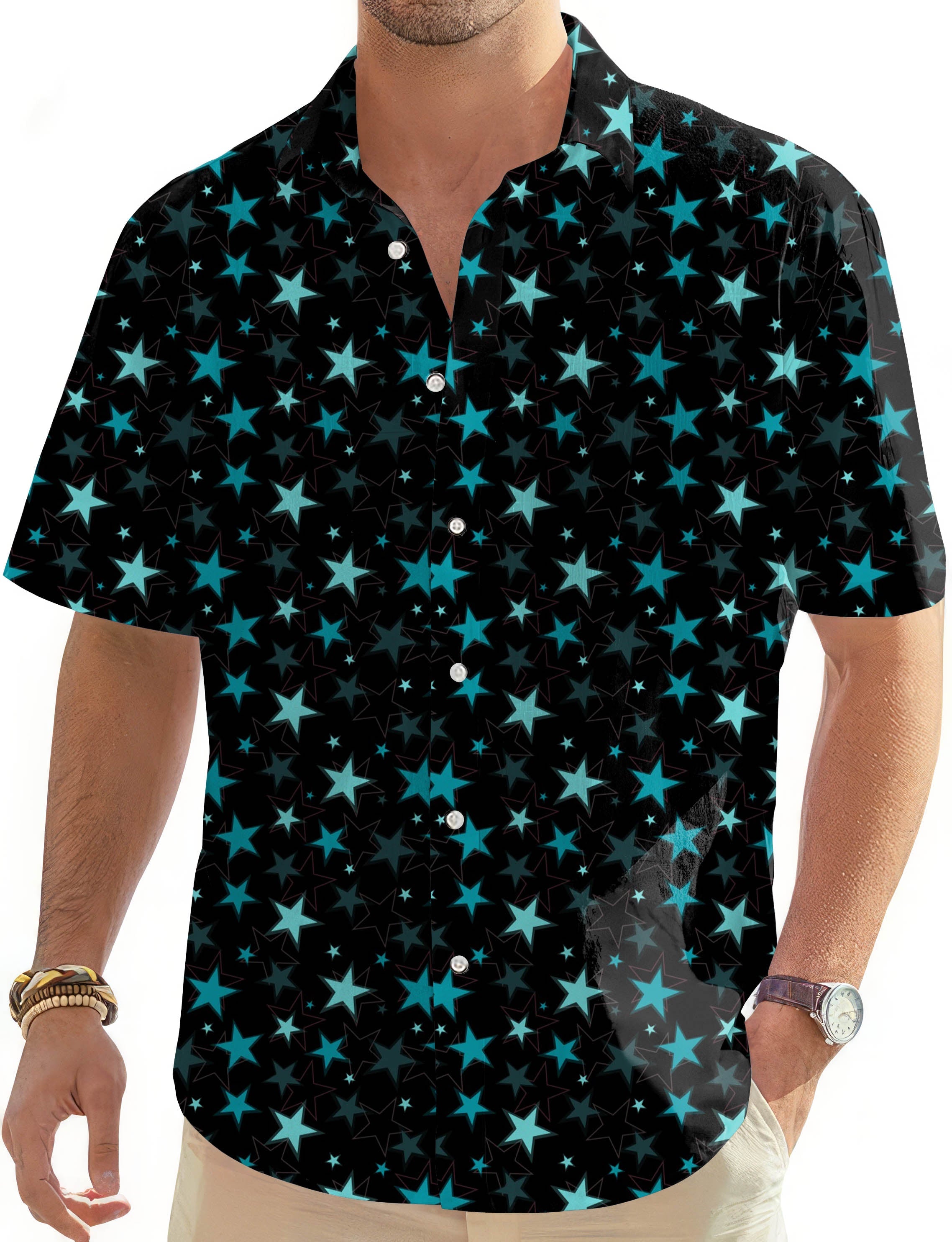 Men's neon star Hawaiian shirt with button-down collar and short sleeves