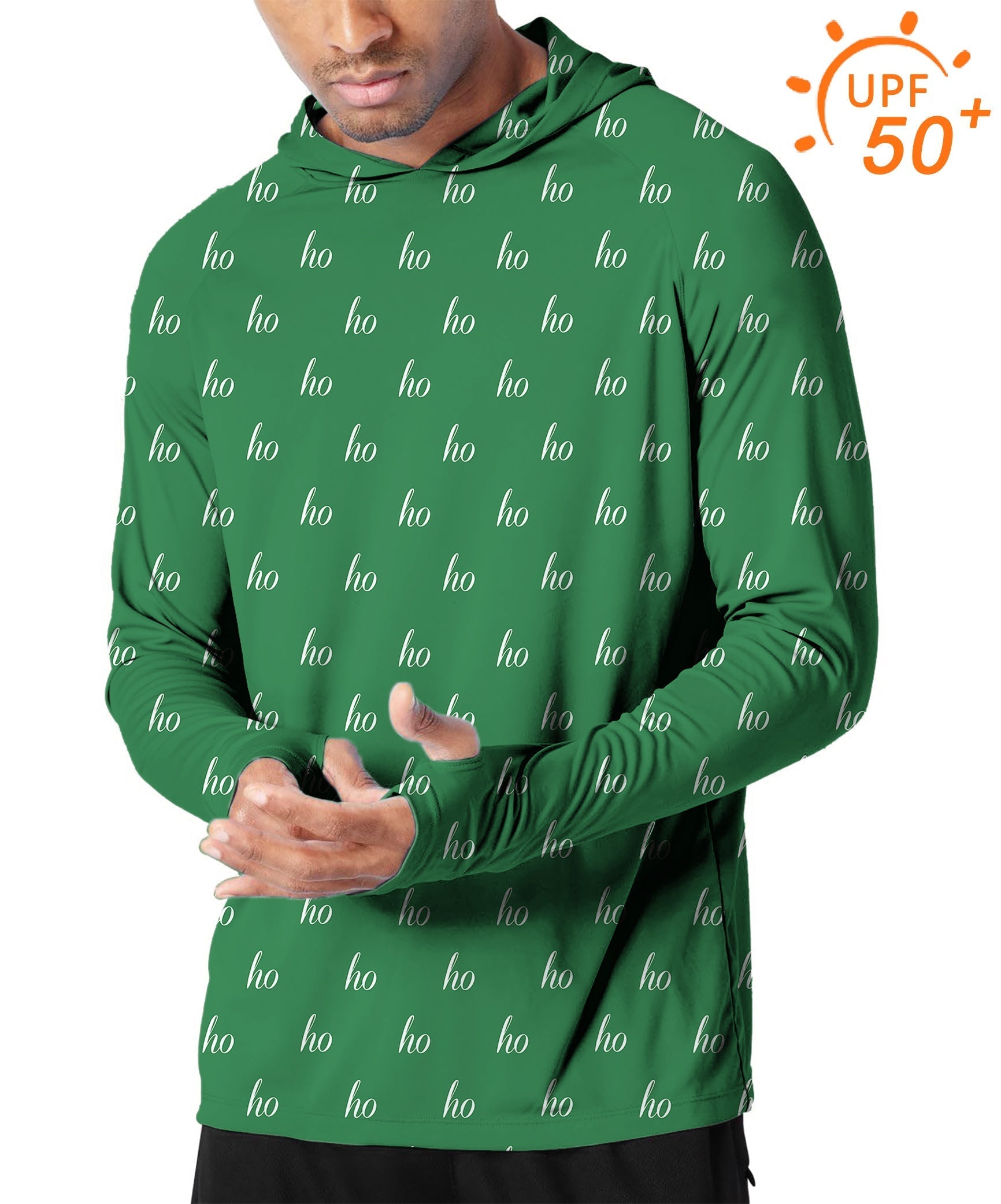 Men's outdoor green slim fit hoodie with UPF 50+ sun protection and thumb holes for active wear