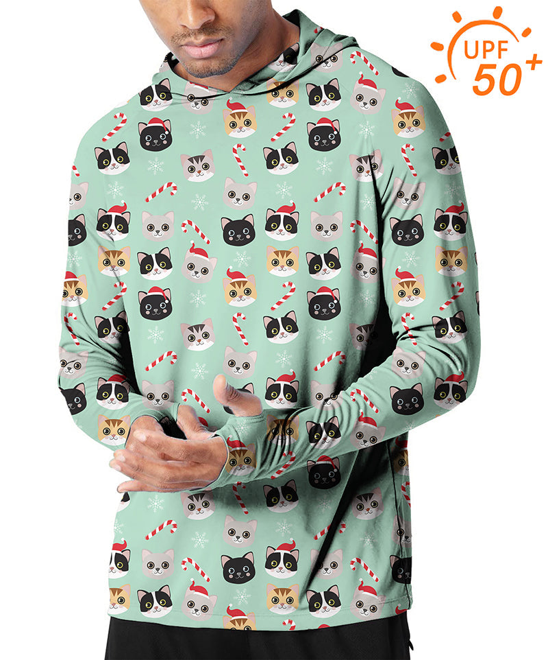 Men's outdoor Christmas cat print golf sun protection slim fit hoodie with UPF 50+ UV protection