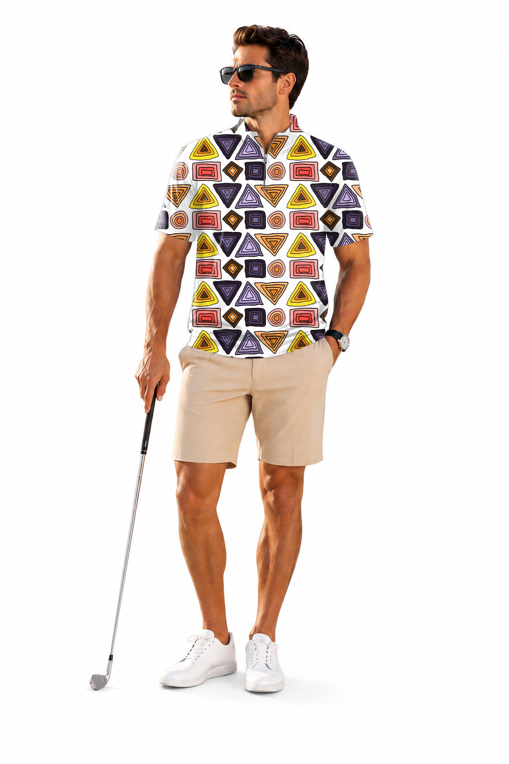 Men's Short Sleeve Quarter Zip Golf Pullover   colorfull triangle tribal Embroidery
