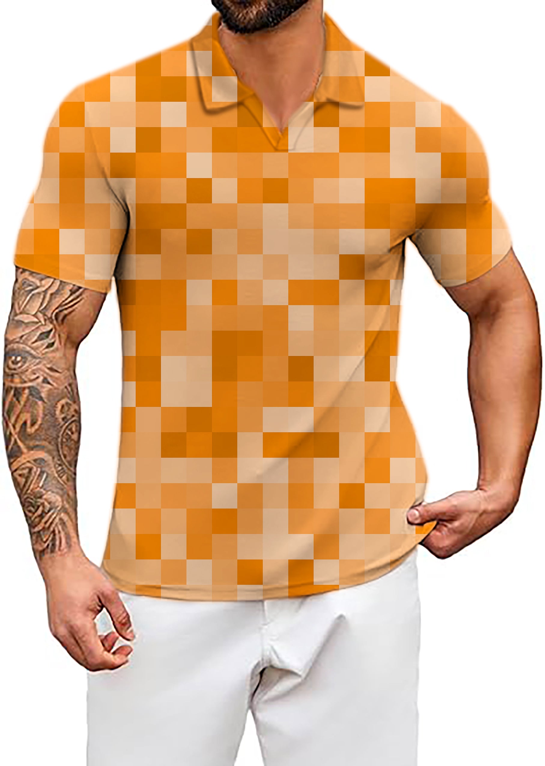 Men's Orange Pixel Big V Neck Golf Polo Shirts