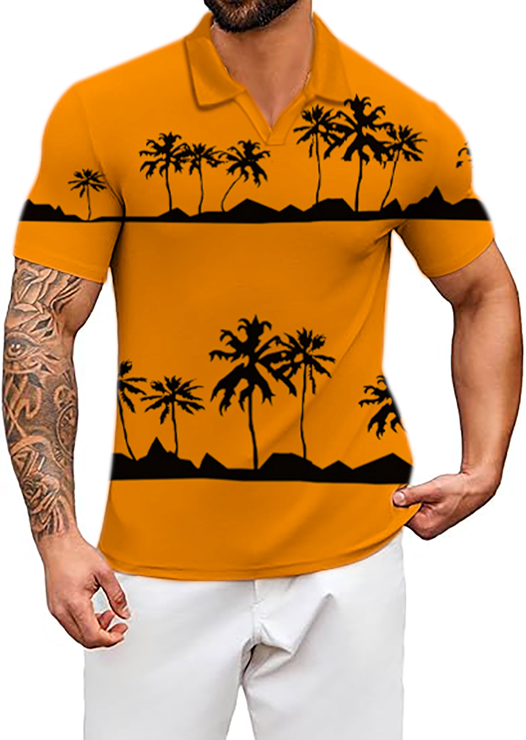 Men's Setting sun and coconut trees V Neck Golf Polo Shirts