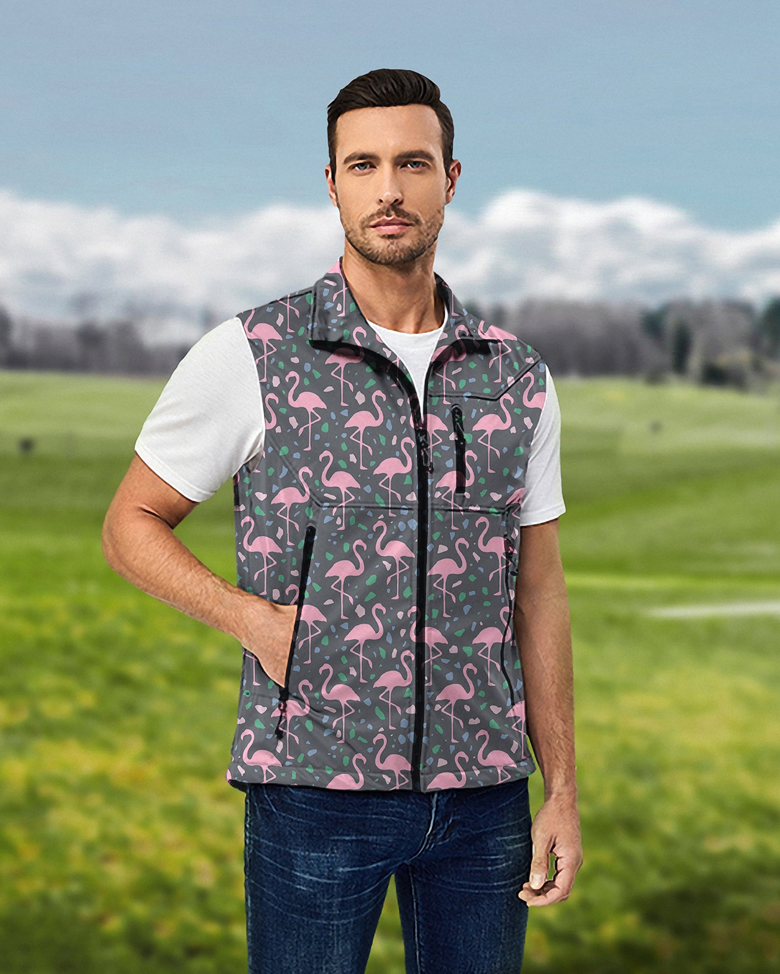 Men's Terrazzo Flamingo Lightweight Softshell Vest Sleeveless Jacket for Golf Windproof Waterproof