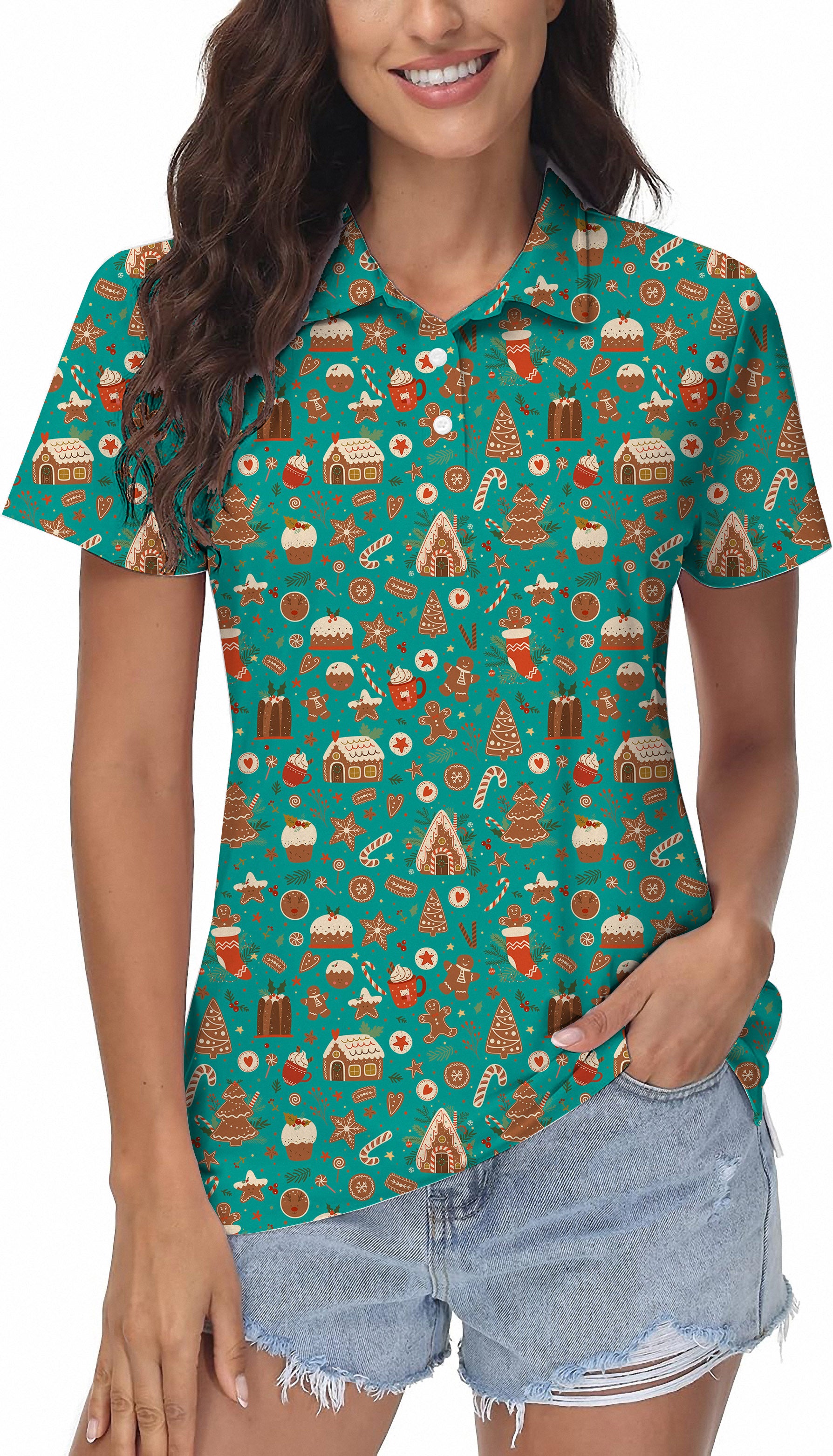 Women's Green Christmas Candy House Golf Polo