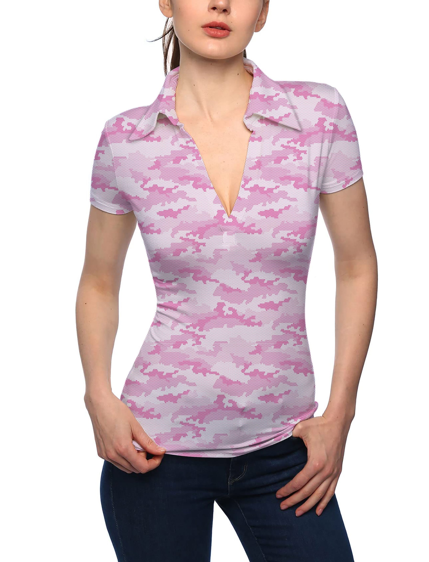 Women's PINK HEX CAMO V Neck Golf Polo