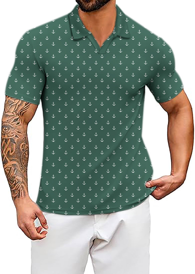 Men's Coconut Palm green anchor print polo shirt with four-way stretch and UPF 40+ protection