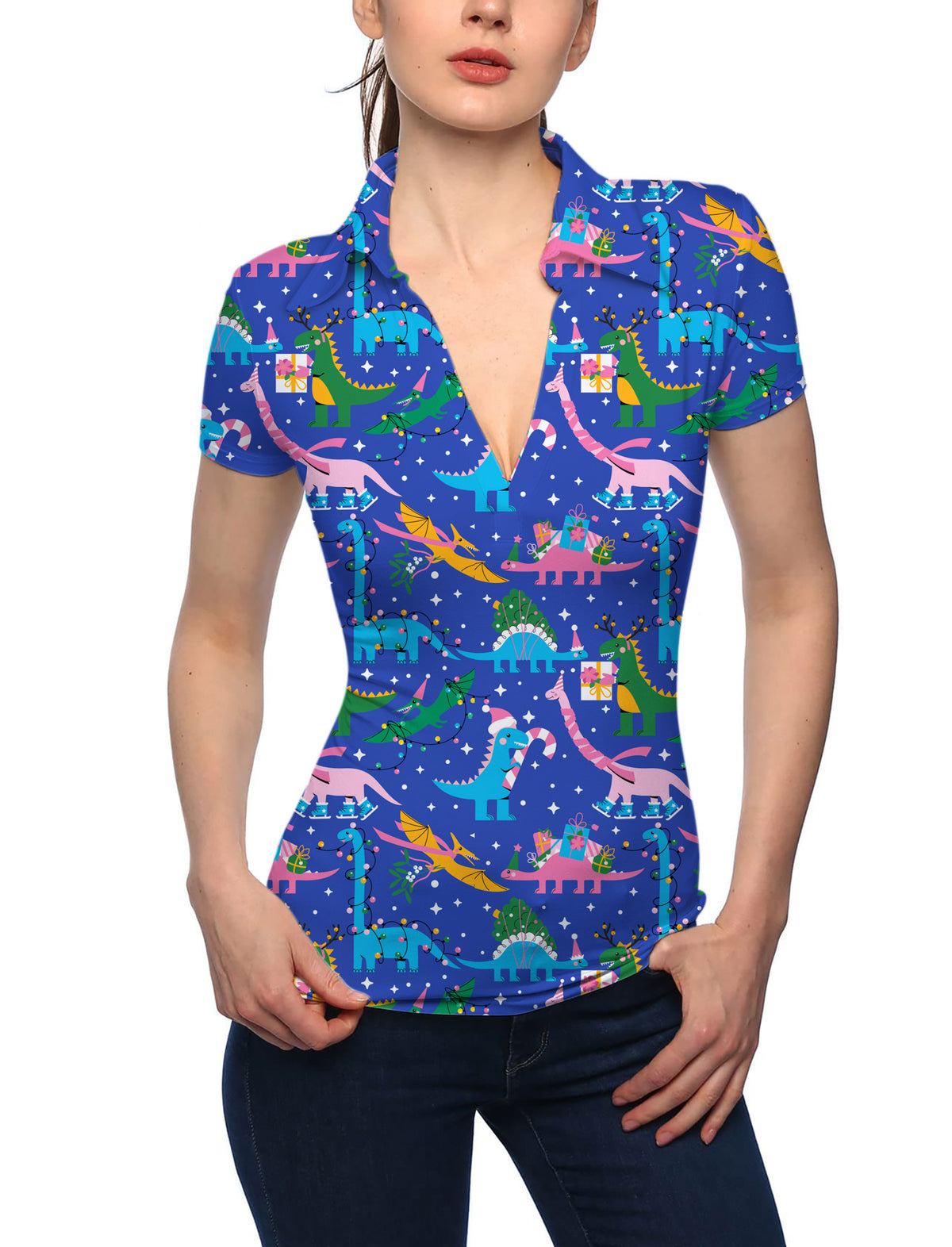 Women's Christmas Dinosaur V Neck Golf Polo