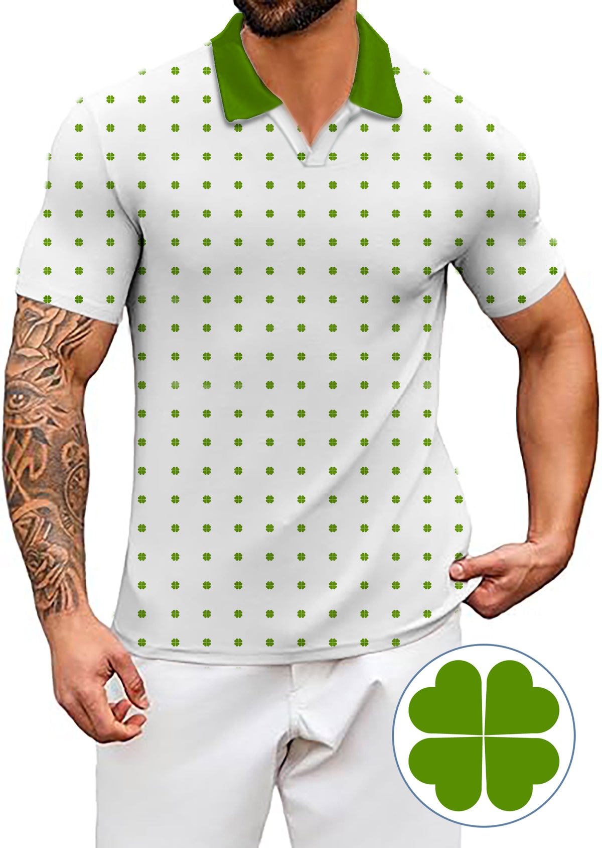 Men's Lucky Four-Leaf Clover V Neck Golf Polo Shirts