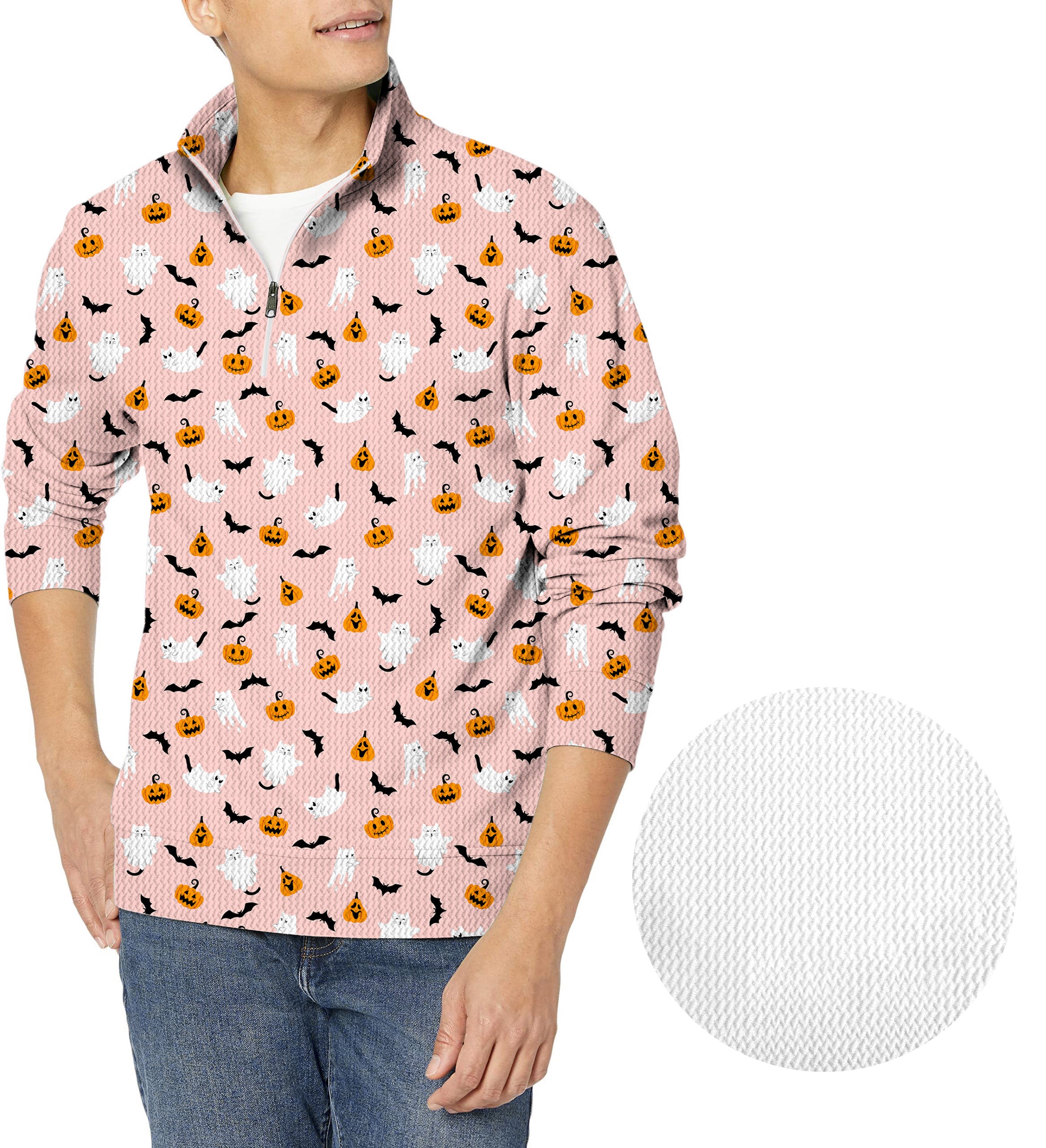 Halloween Kawaii Ghost Pumpkin Men's Golf Waffle Zipper Pullover