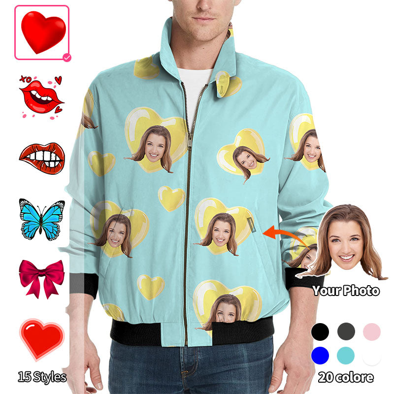 Valentine's Day Custom Photo Face Custom Color Green Blue Love Men's Golf Windbreaker Light Jacket