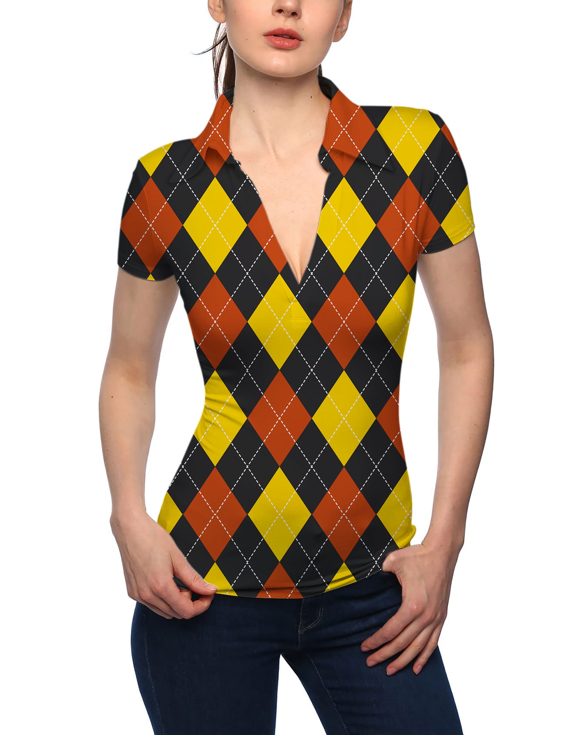 Women's red Argyle V Neck Golf Polo