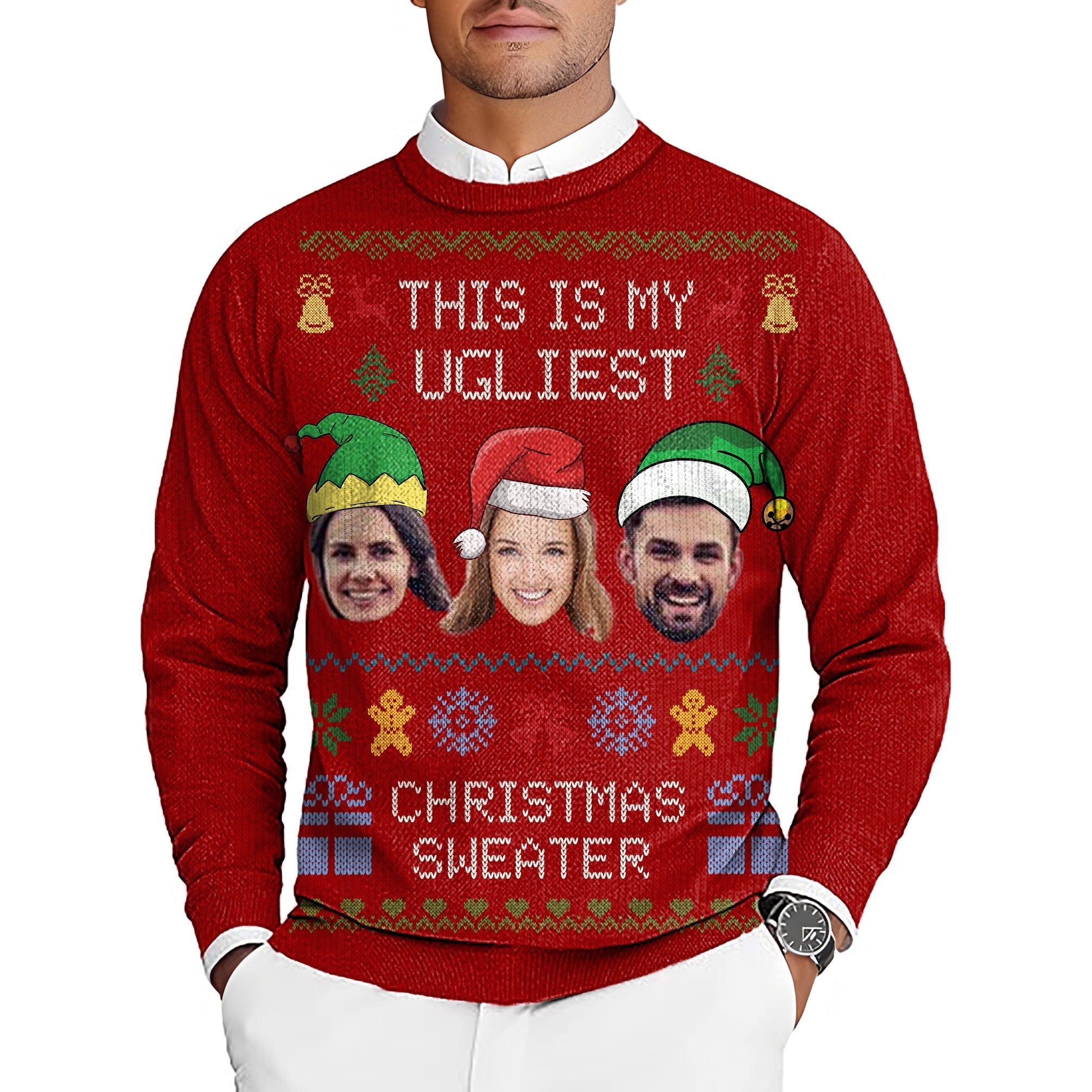 Red-Christmas custom face men's golf crewneck pullover ugly sweater with personalized faces and Christmas design