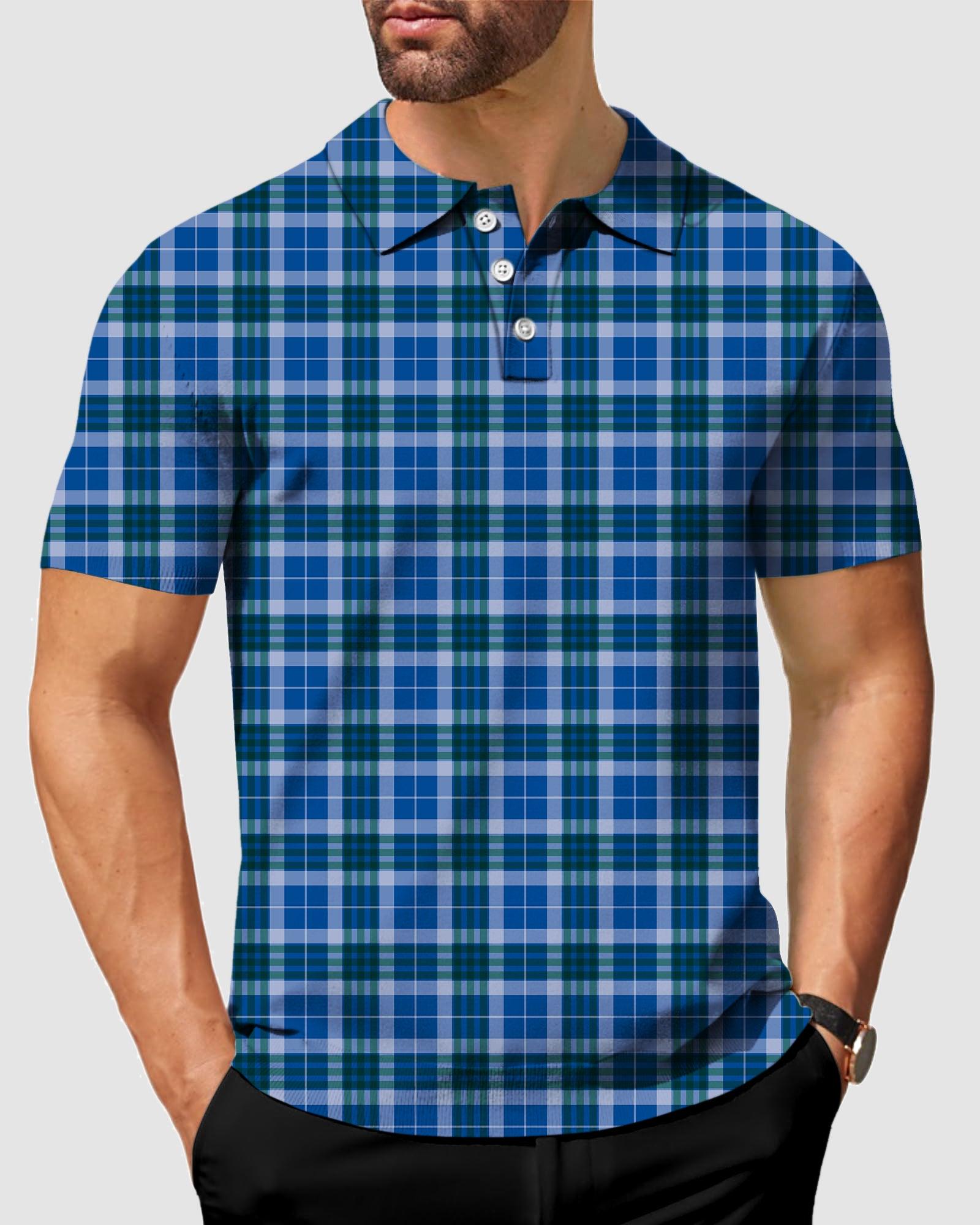 Men's blue grid golf polo