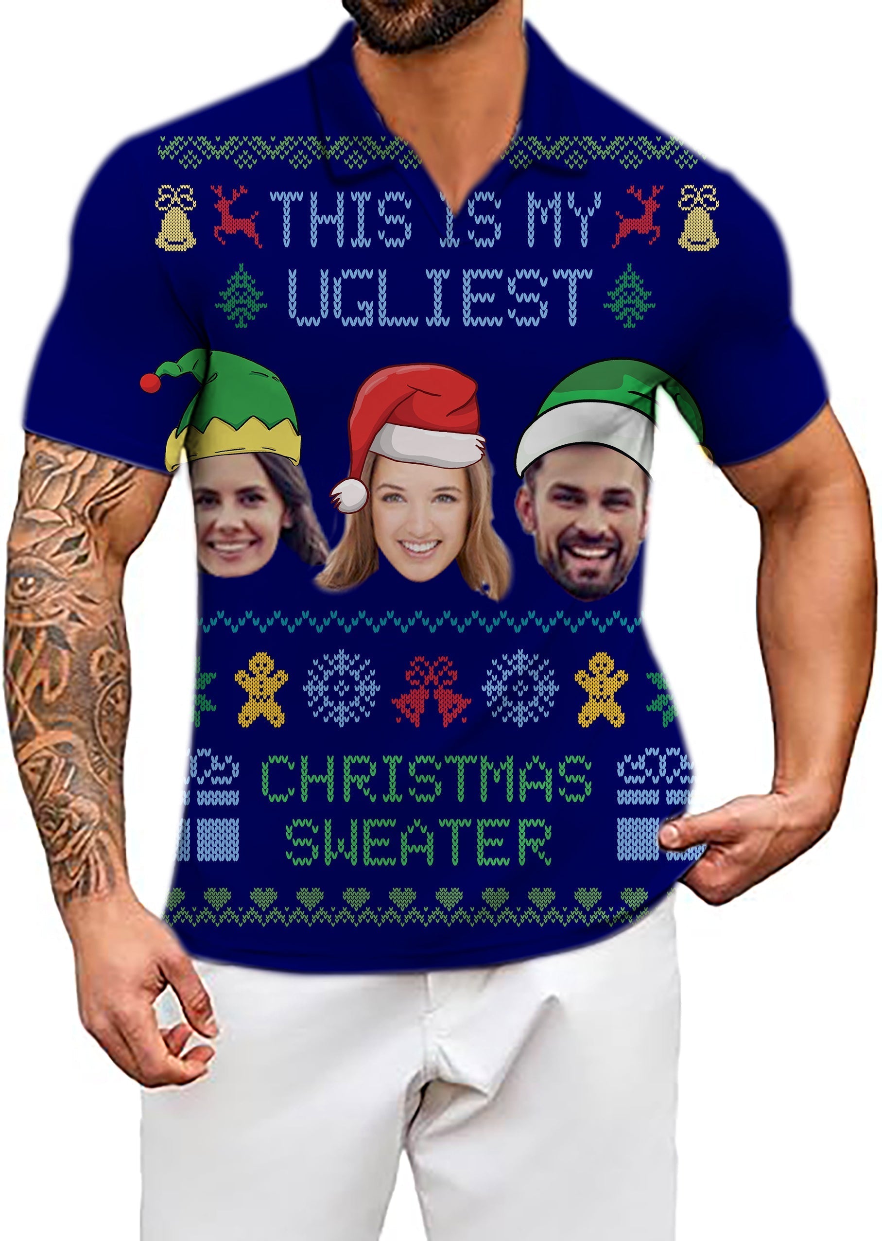 Men's Coconut Palm navy blue custom Christmas sweater polo with ink dots and personalized face print