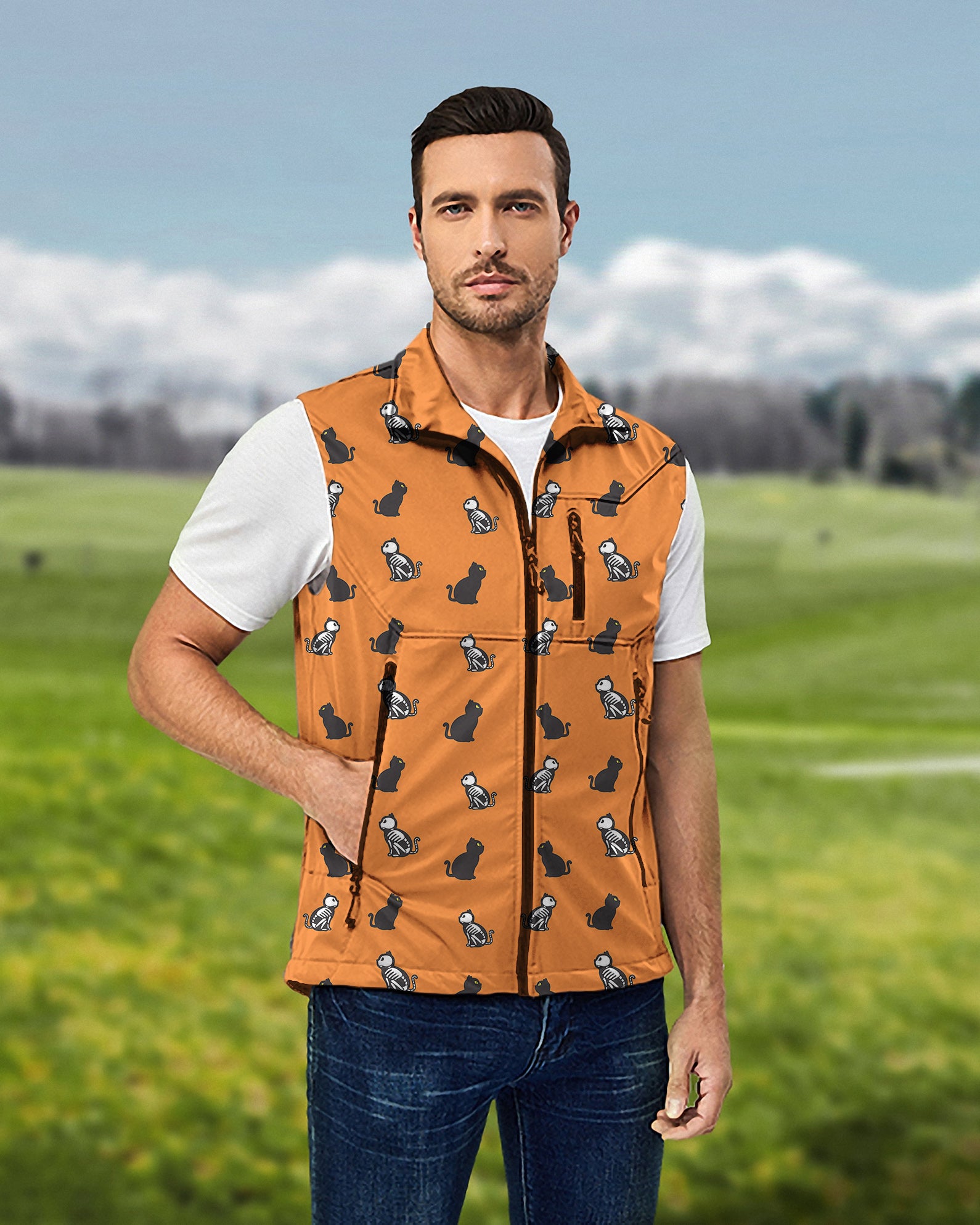 Men's Halloween Skull Cat Custom The Background Color Lightweight Softshell Vest Sleeveless Jacket for Golf Windproof Waterproof