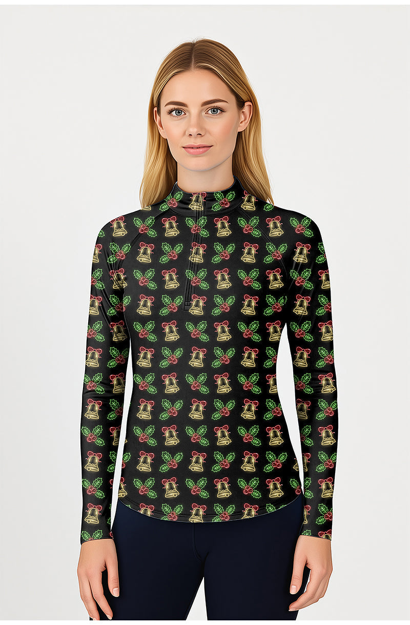 Women's Christmas neon lights long sleeve golf active 3/4 zip top with mock collar and festive pattern