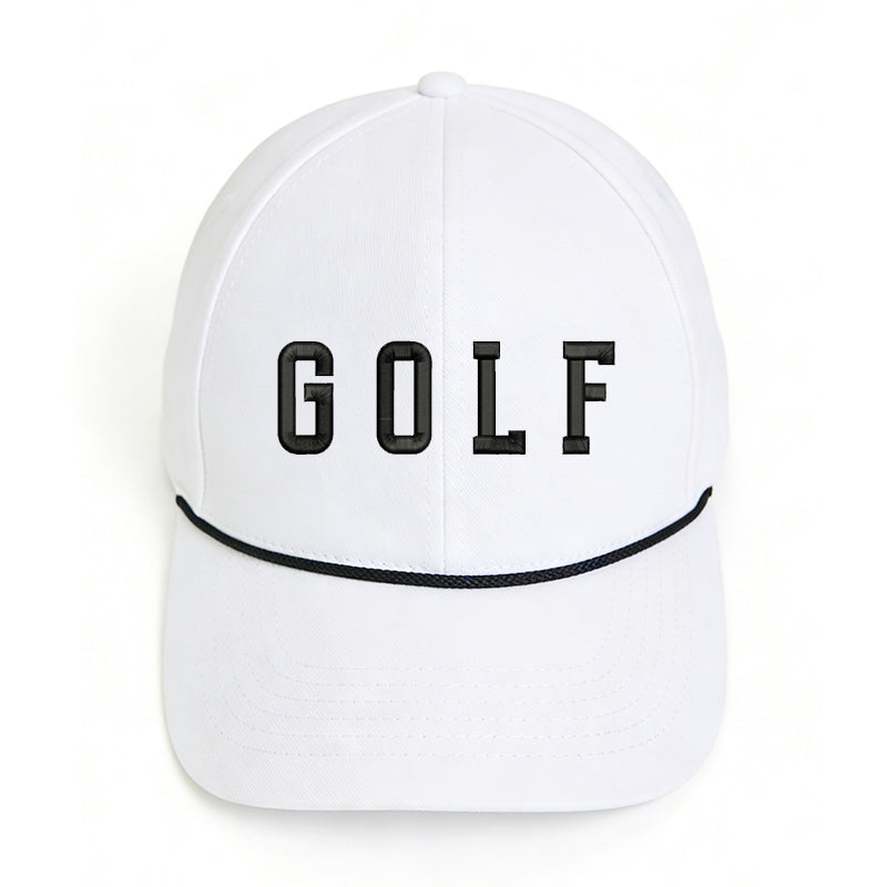 Custom embroidered vintage white golf snapback hat with adjustable fit and black detailing