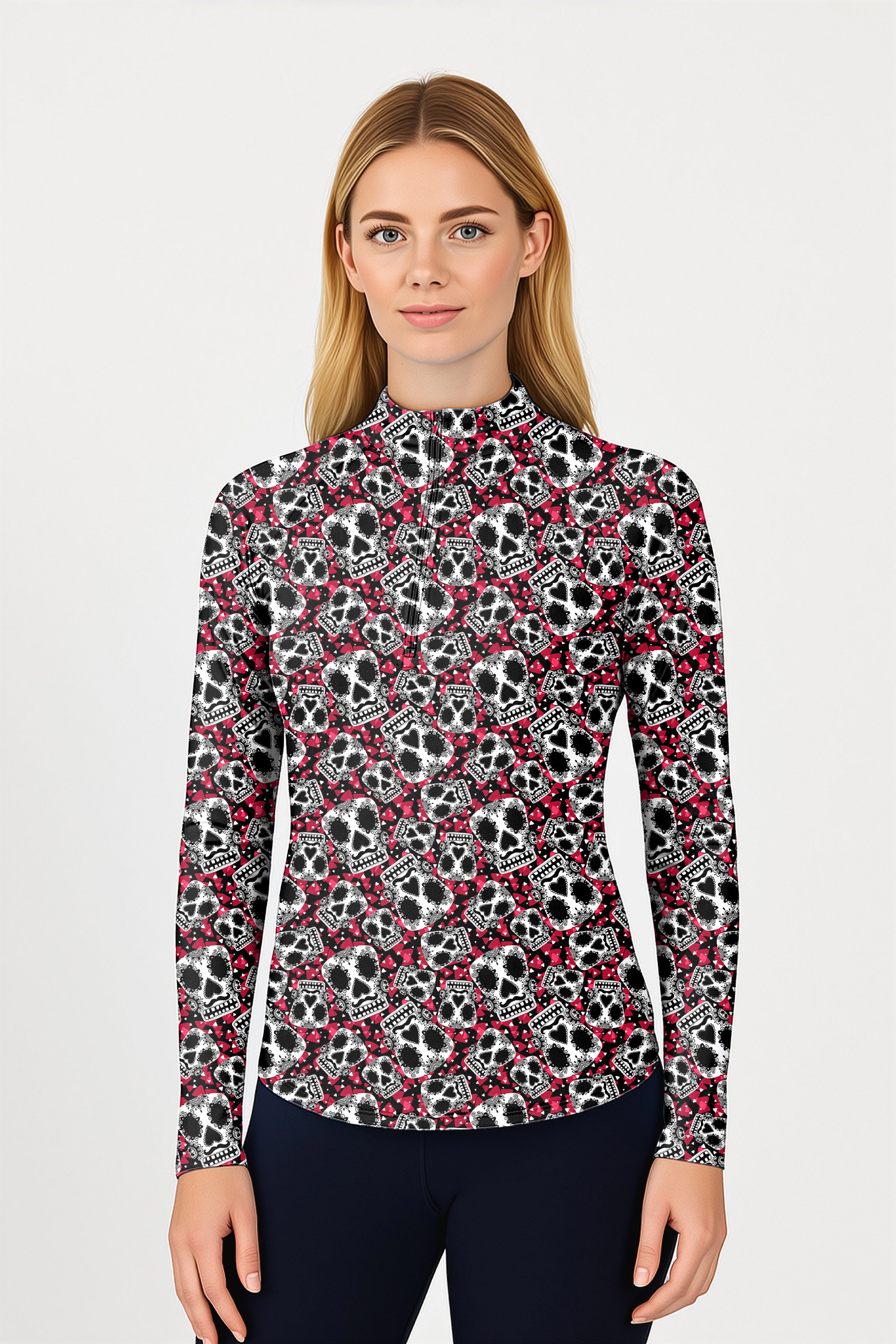 Sugar Skull Pattern Women's Golf Active 3/4 Zipper Top Long Sleeves