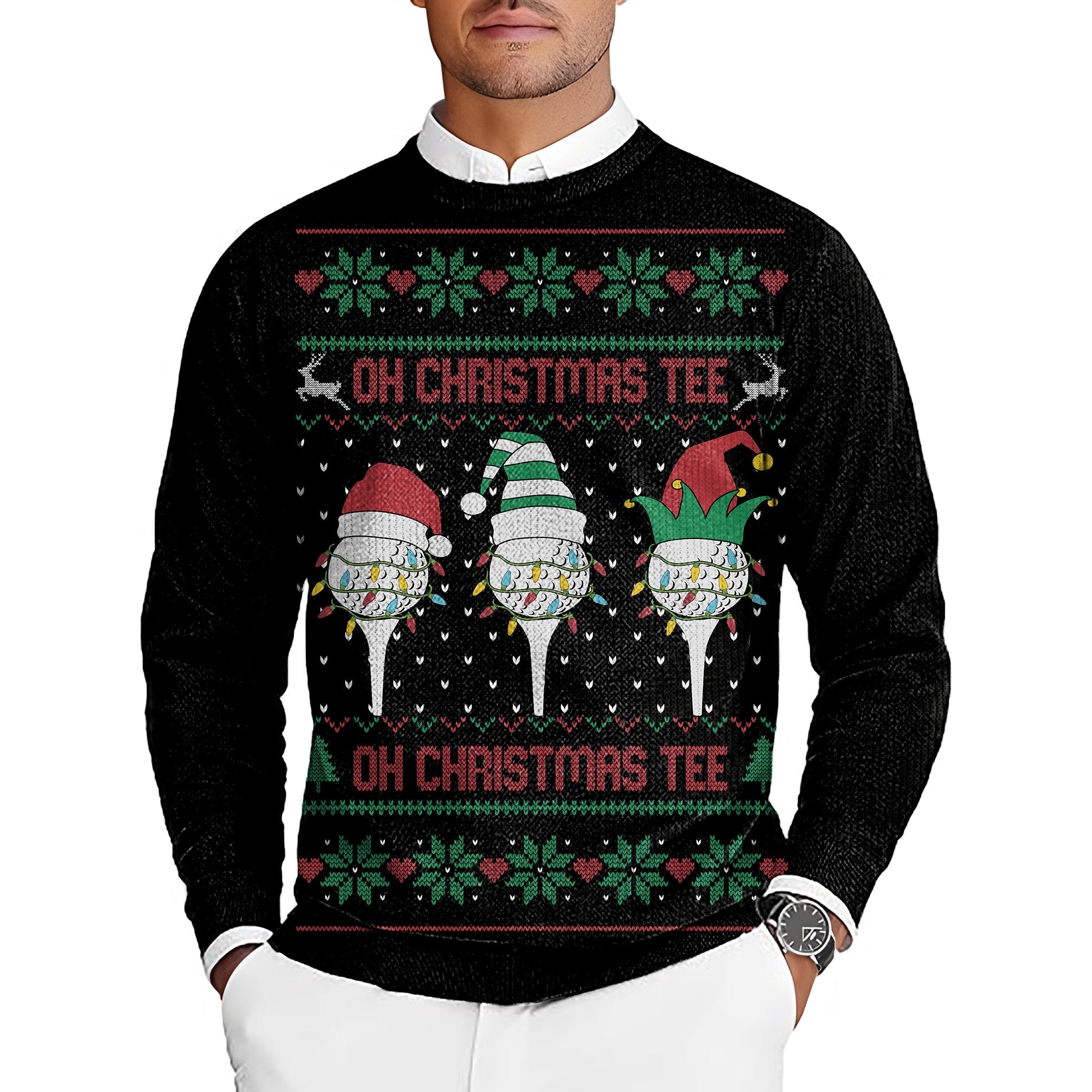 Black-Christmas men's golf crewneck pullover with festive ugly sweater design and customizable team logo