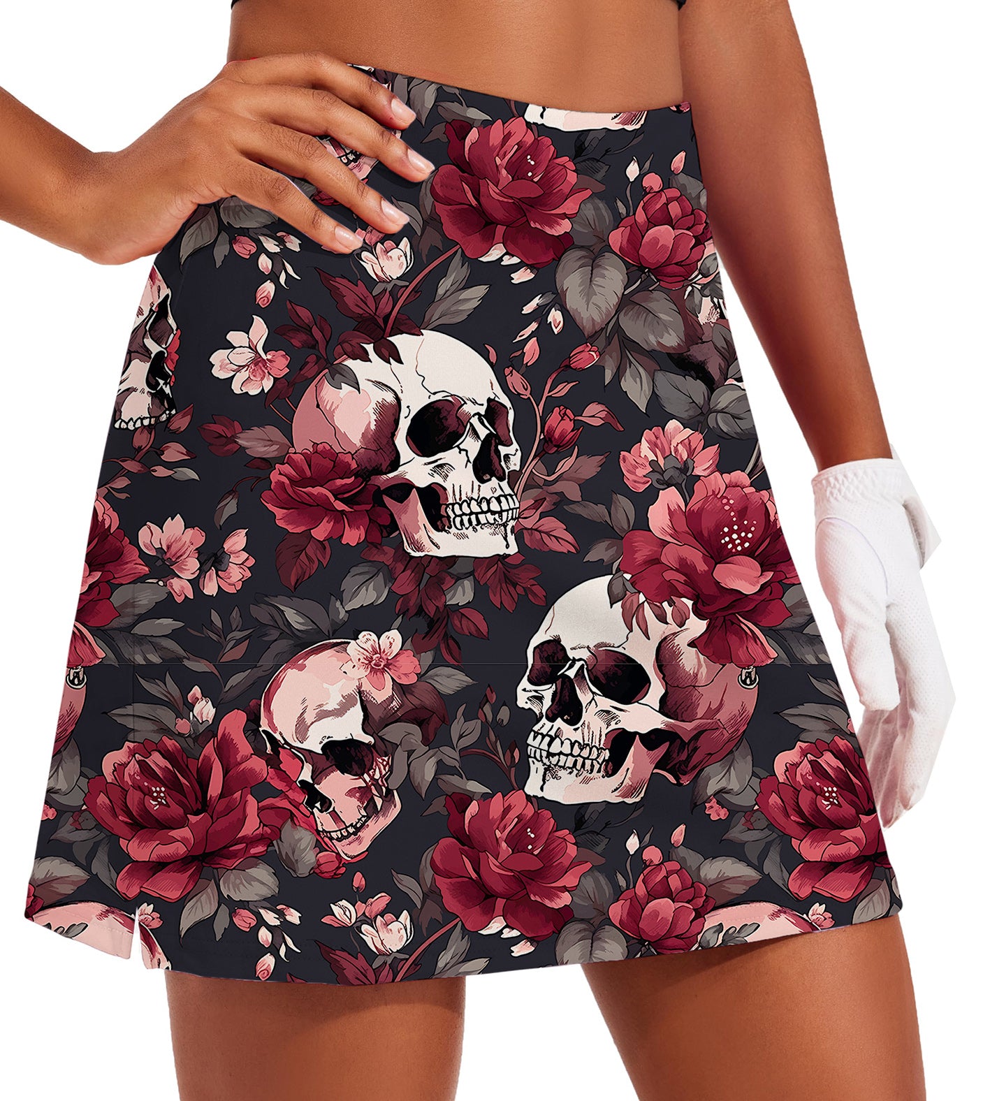 Women's -Halloween floral skull Golf Skirts Inner Shorts Pocket