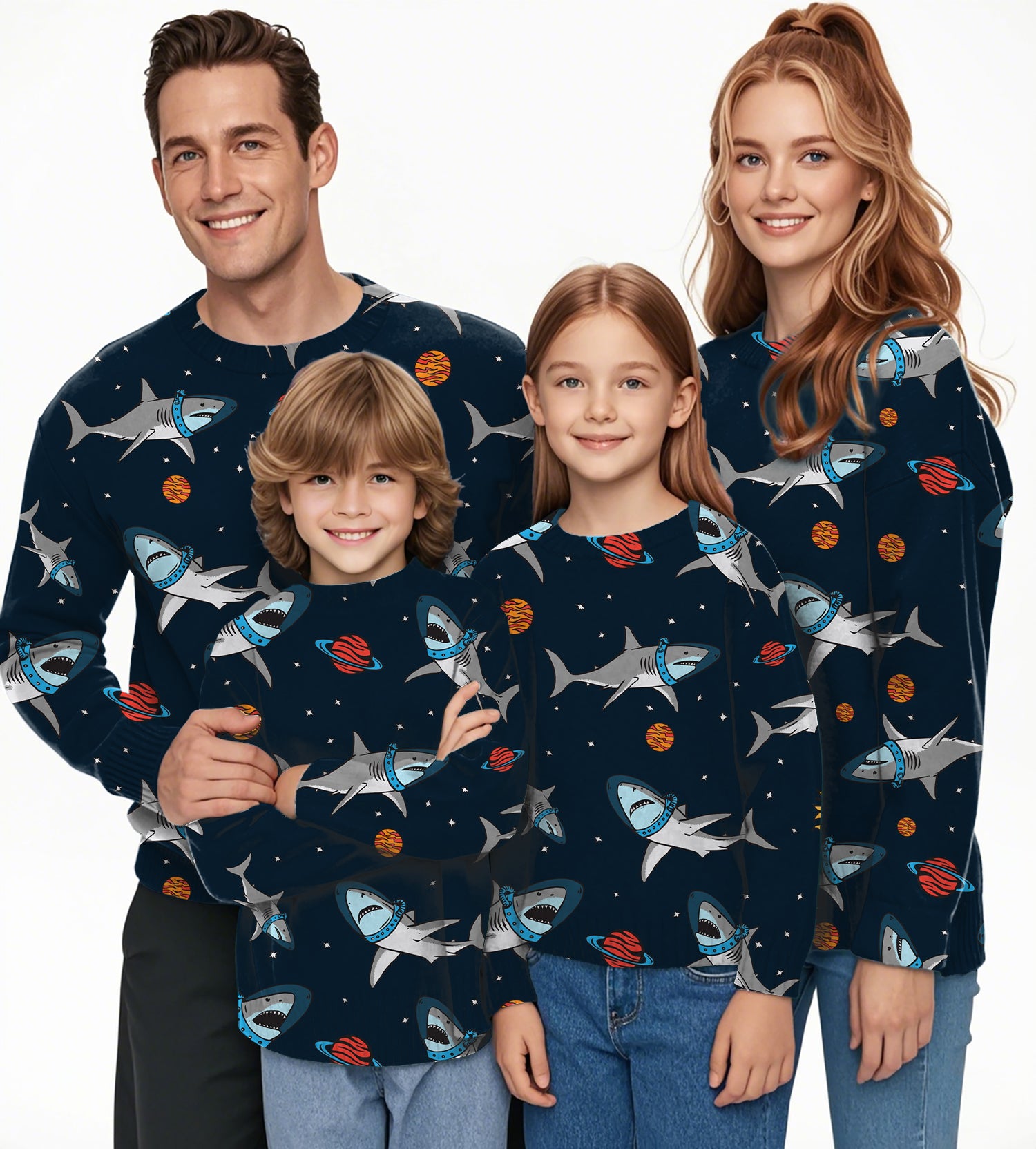 Sharks in Space Crewneck Pullover Ugly Sweater Men Women boy girl family